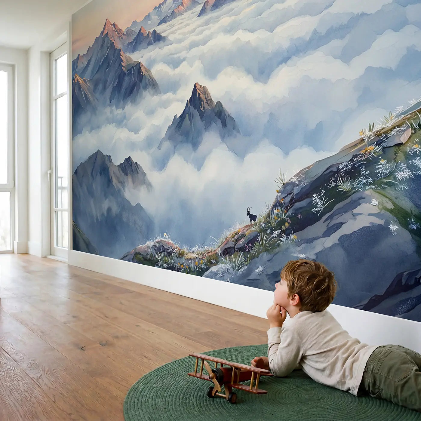Child in nursery with Peaks Above Cloud Sea Wallpaper Mural by Whimsy Tots