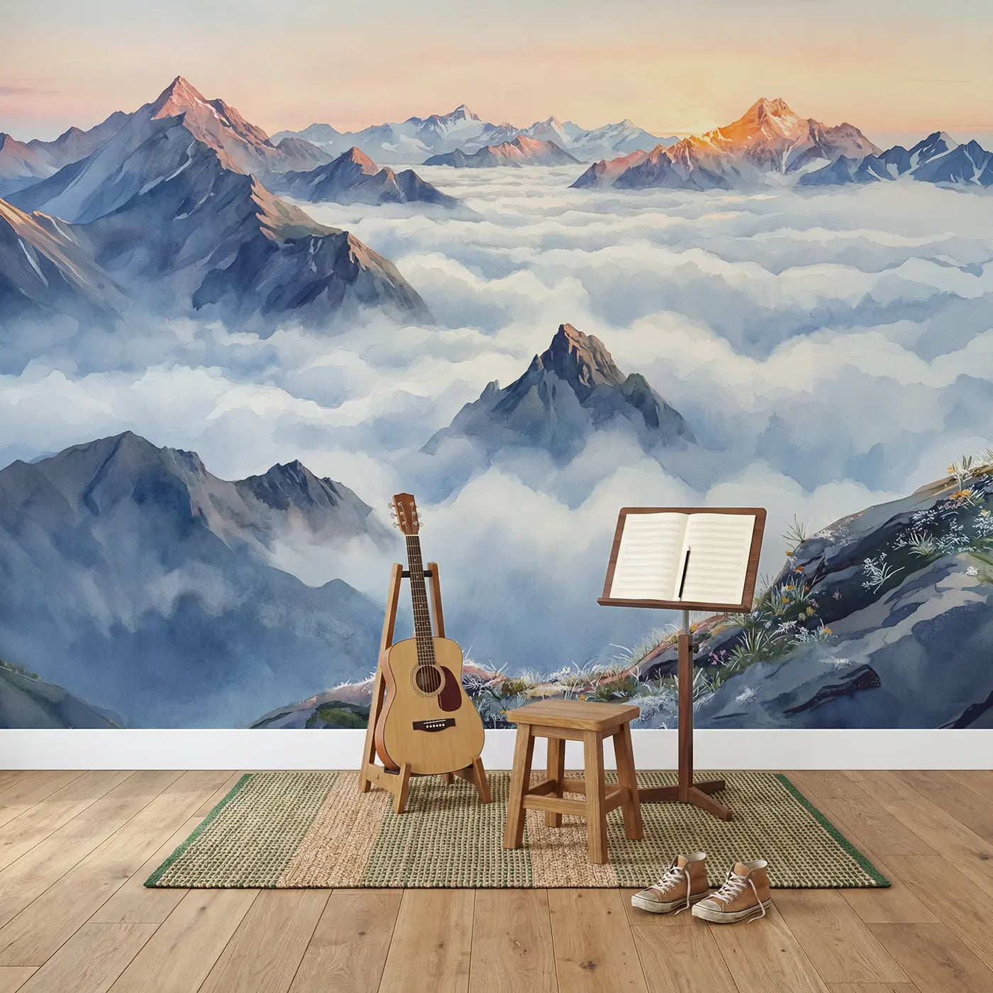 Peaks Above Cloud Sea Wallpaper Mural in playroom setting by Whimsy Tots