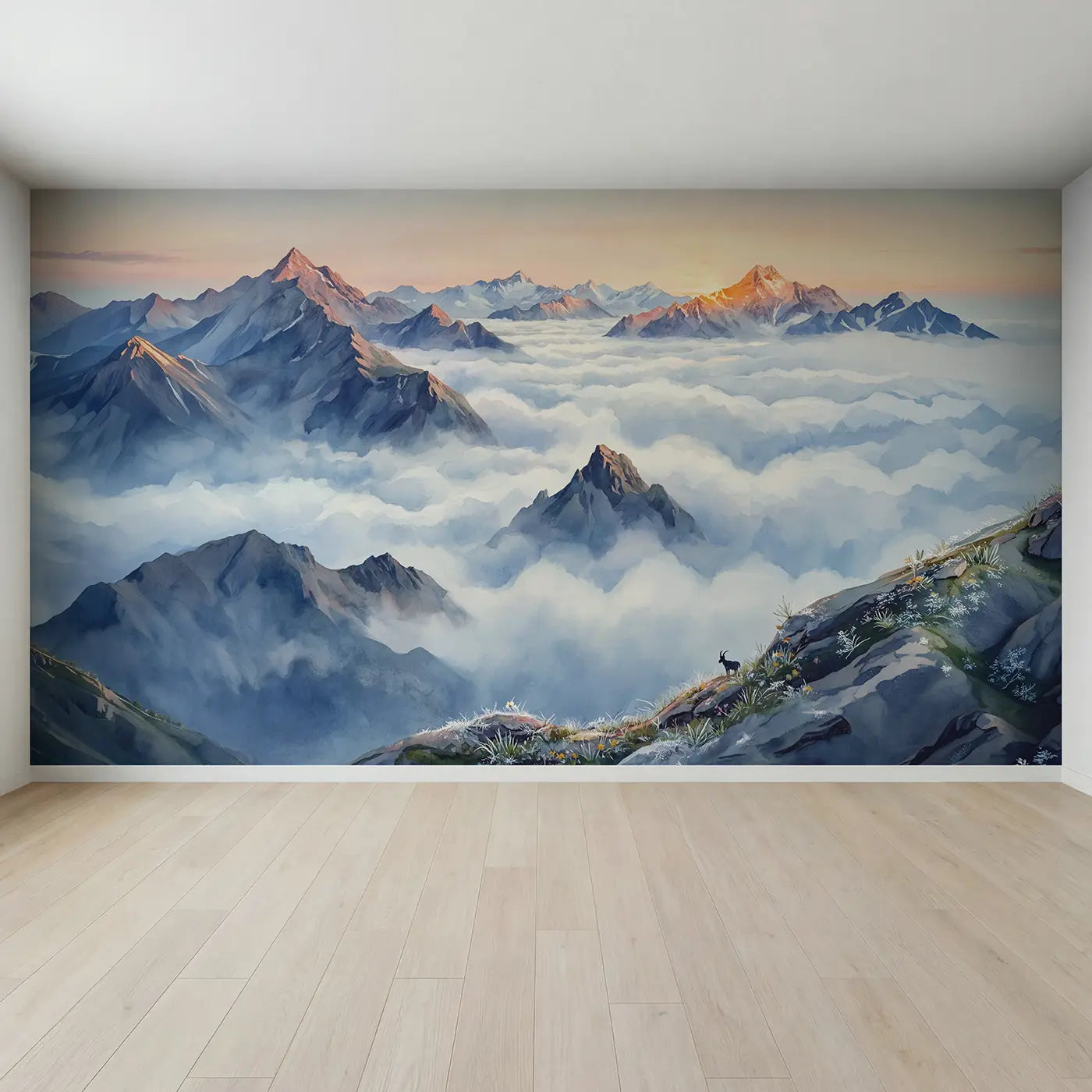 Full view of Peaks Above Cloud Sea Wallpaper Mural by Whimsy Tots