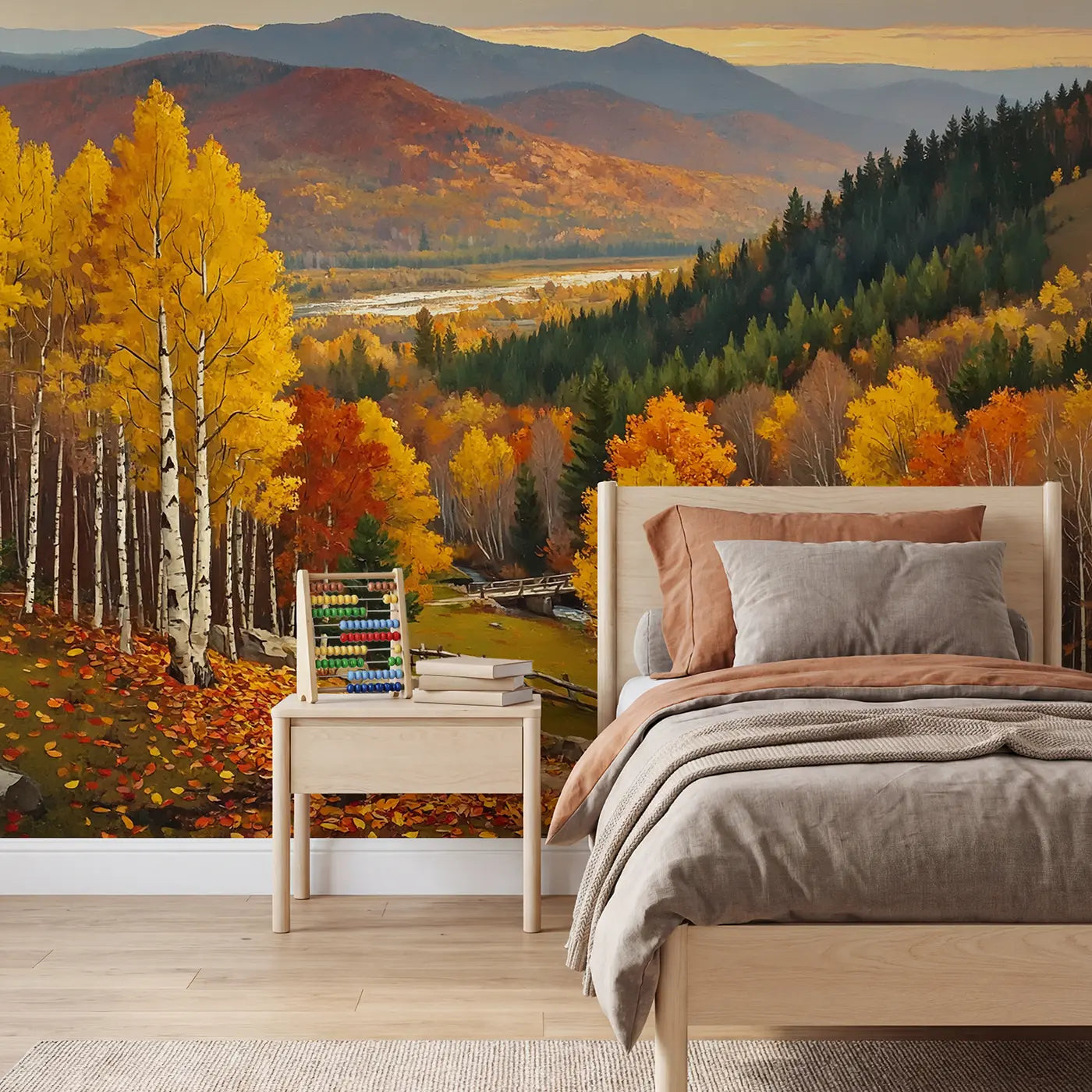 Painted landscape peak foliage mountain valley wallpaper mural for kids room by Whimsy Tots