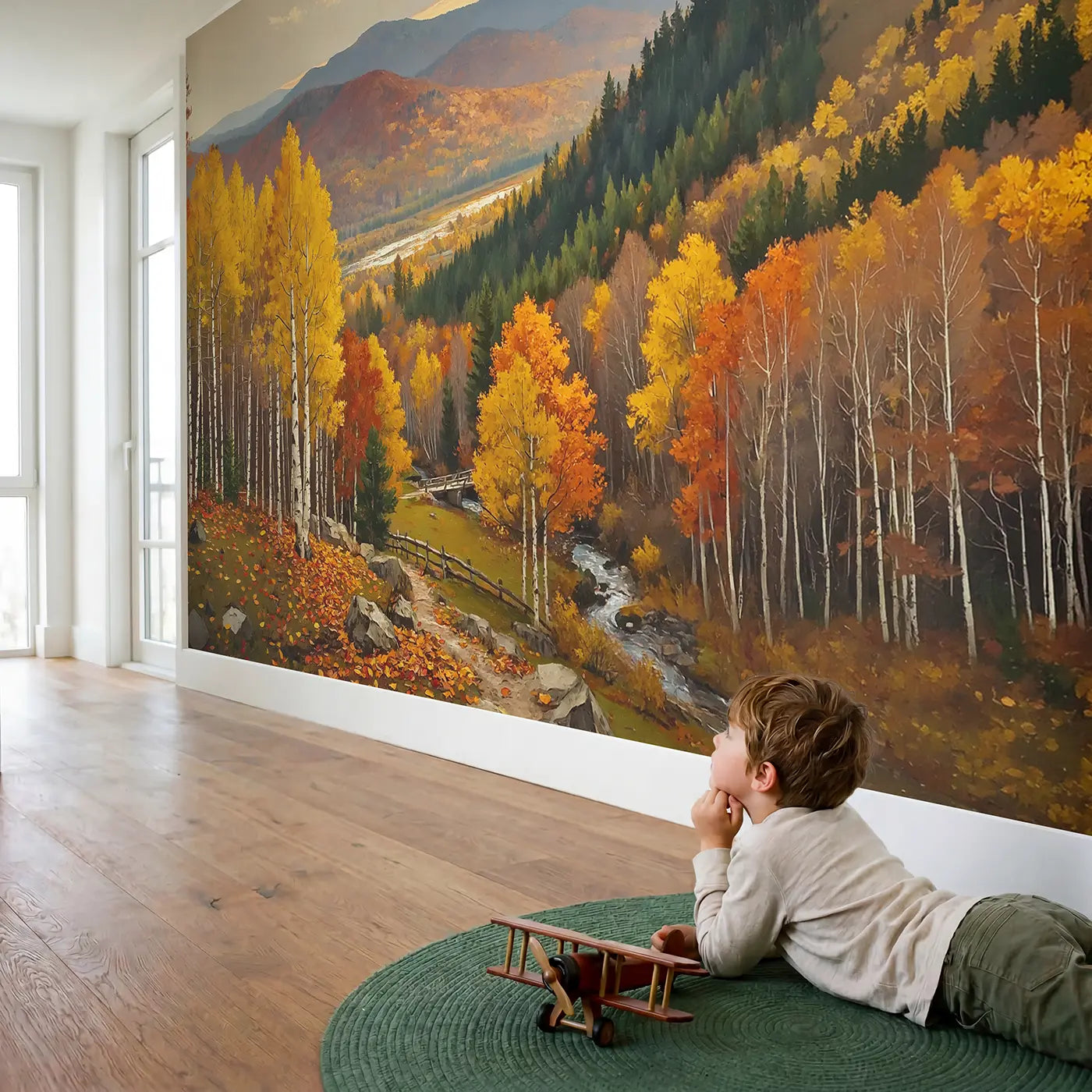 Child in nursery with Peak Foliage Mountain Wallpaper Mural by Whimsy Tots