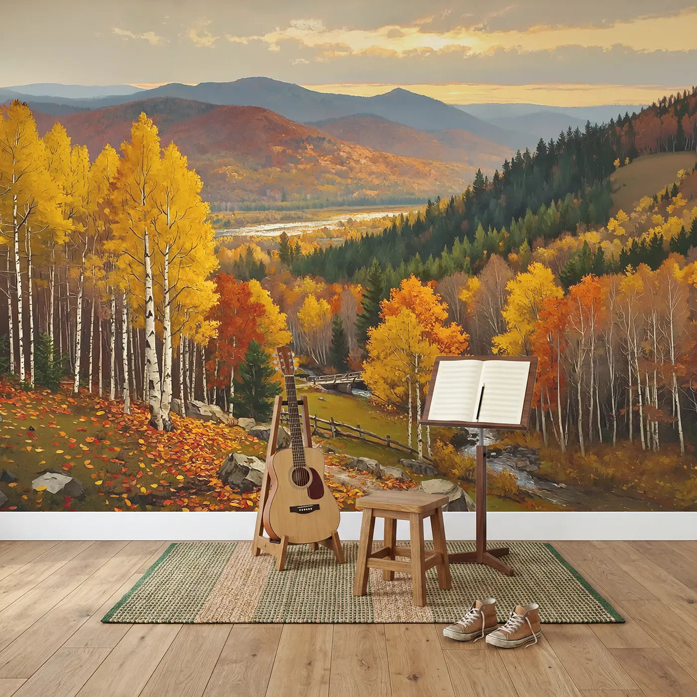 Peak Foliage Mountain Wallpaper Mural in playroom setting by Whimsy Tots