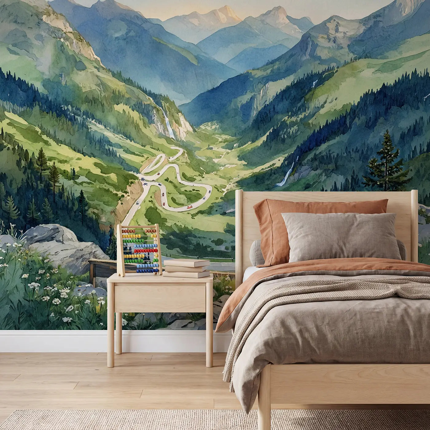 Watercolor mountain pass winding road wallpaper mural for kids room by Whimsy Tots