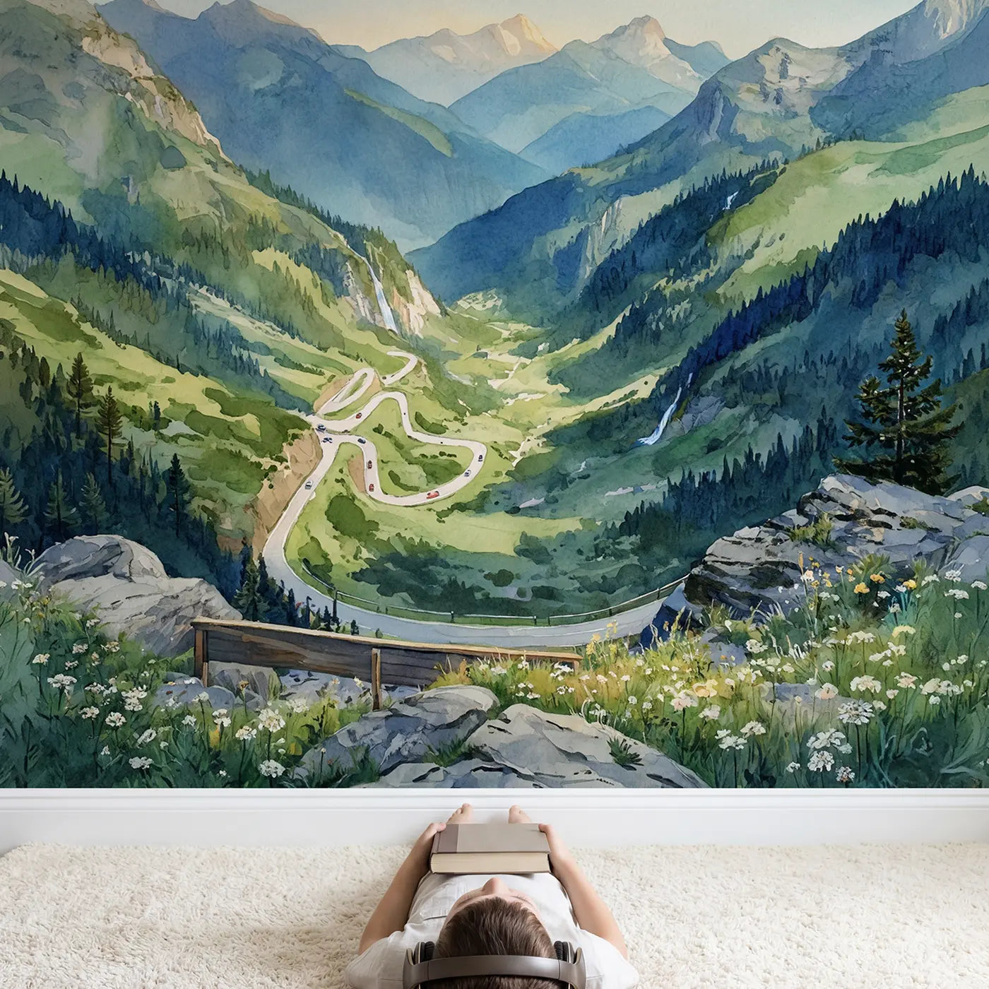 Child in nursery with Mountain Pass Winding Road Wallpaper Mural by Whimsy Tots