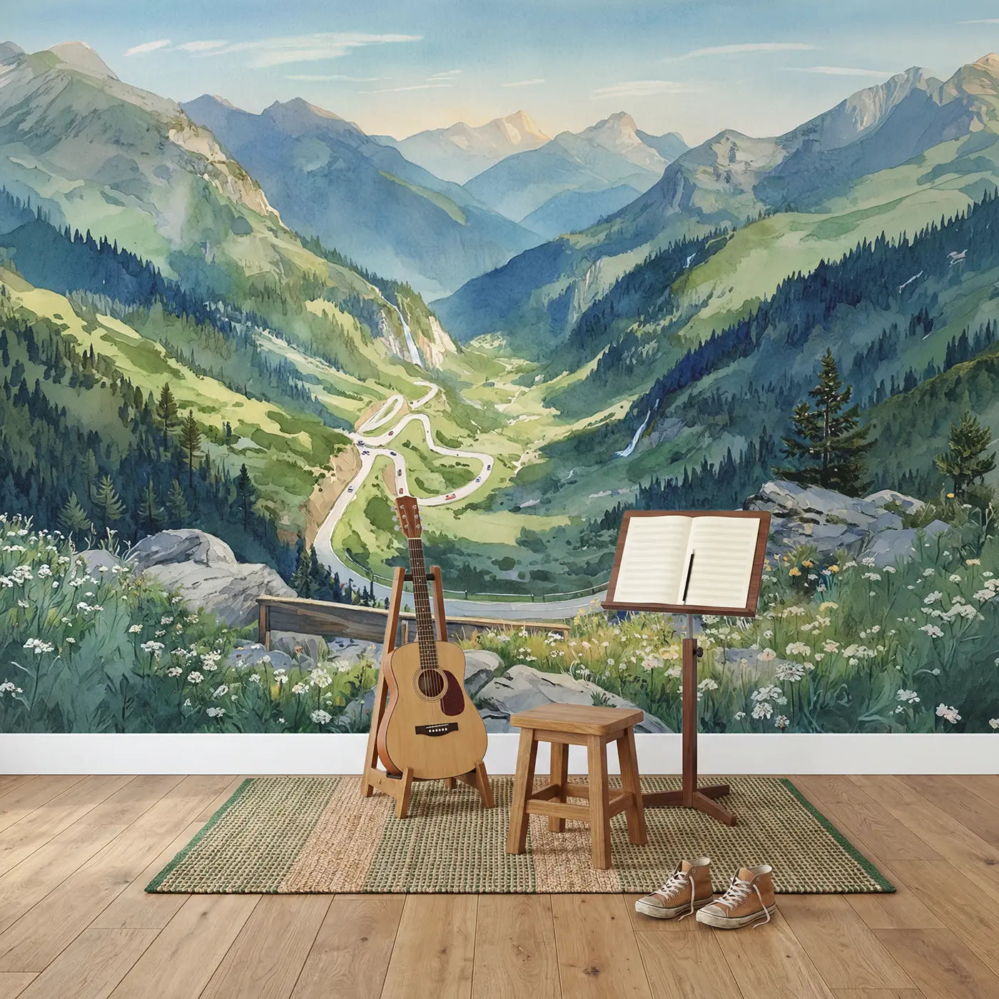 Mountain Pass Winding Road Wallpaper Mural in playroom setting by Whimsy Tots