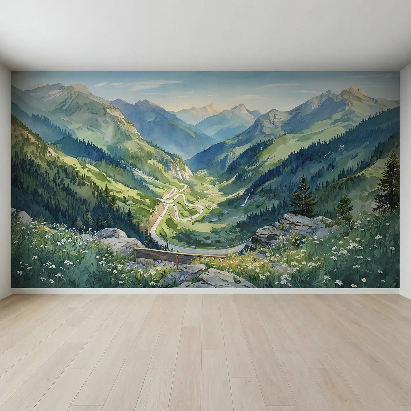 Full view of Mountain Pass Winding Road Wallpaper Mural by Whimsy Tots