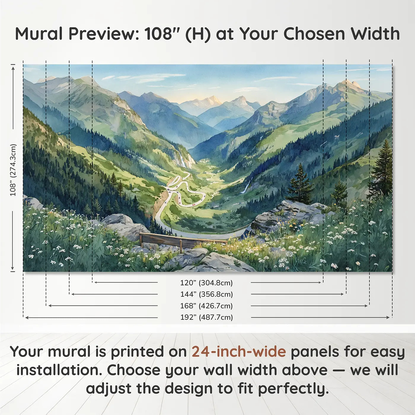 Panel layout and dimensions for Mountain Pass Winding Road Wallpaper Mural by Whimsy Tots