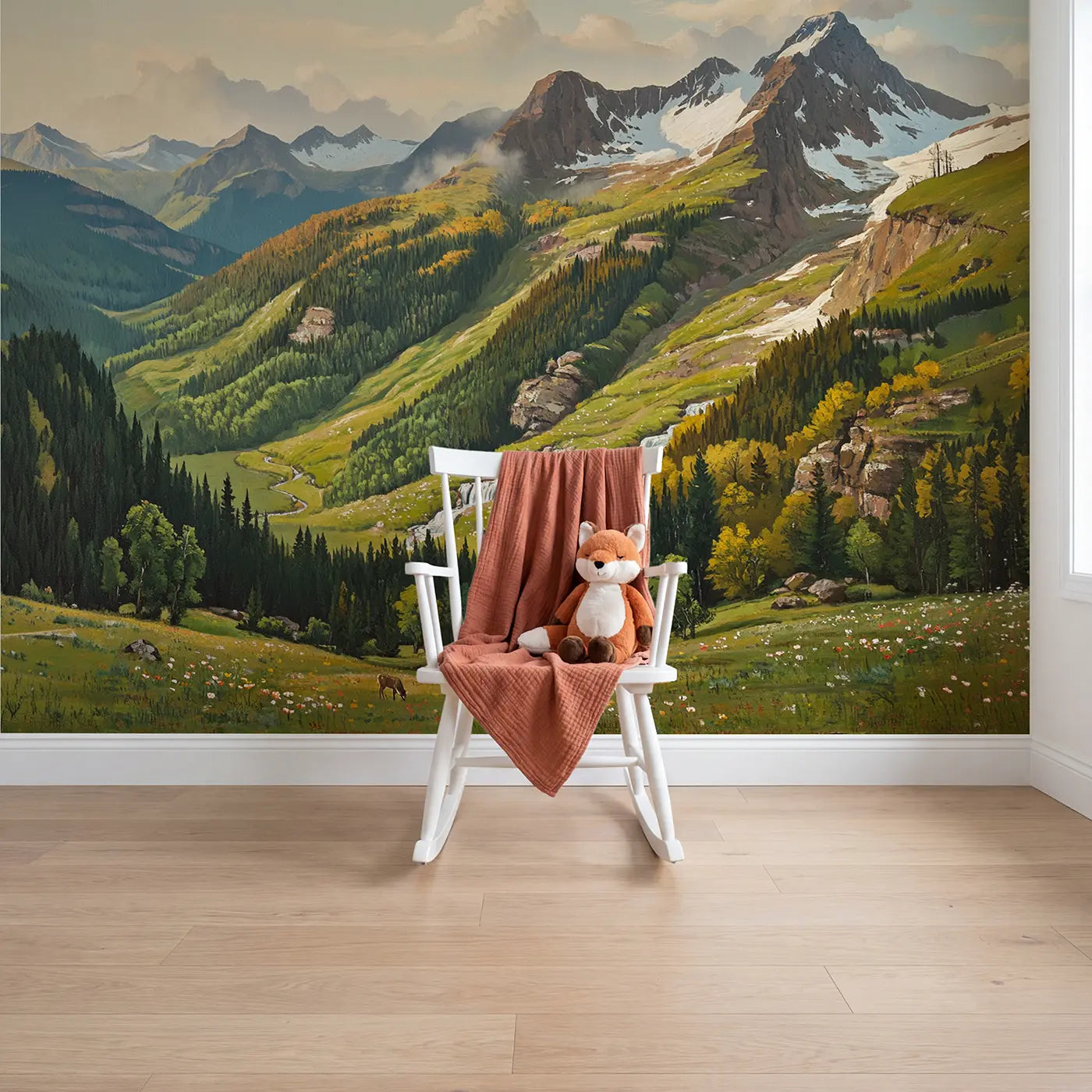 Painted landscape mountain biome zones vista wallpaper mural for nursery by Whimsy Tots