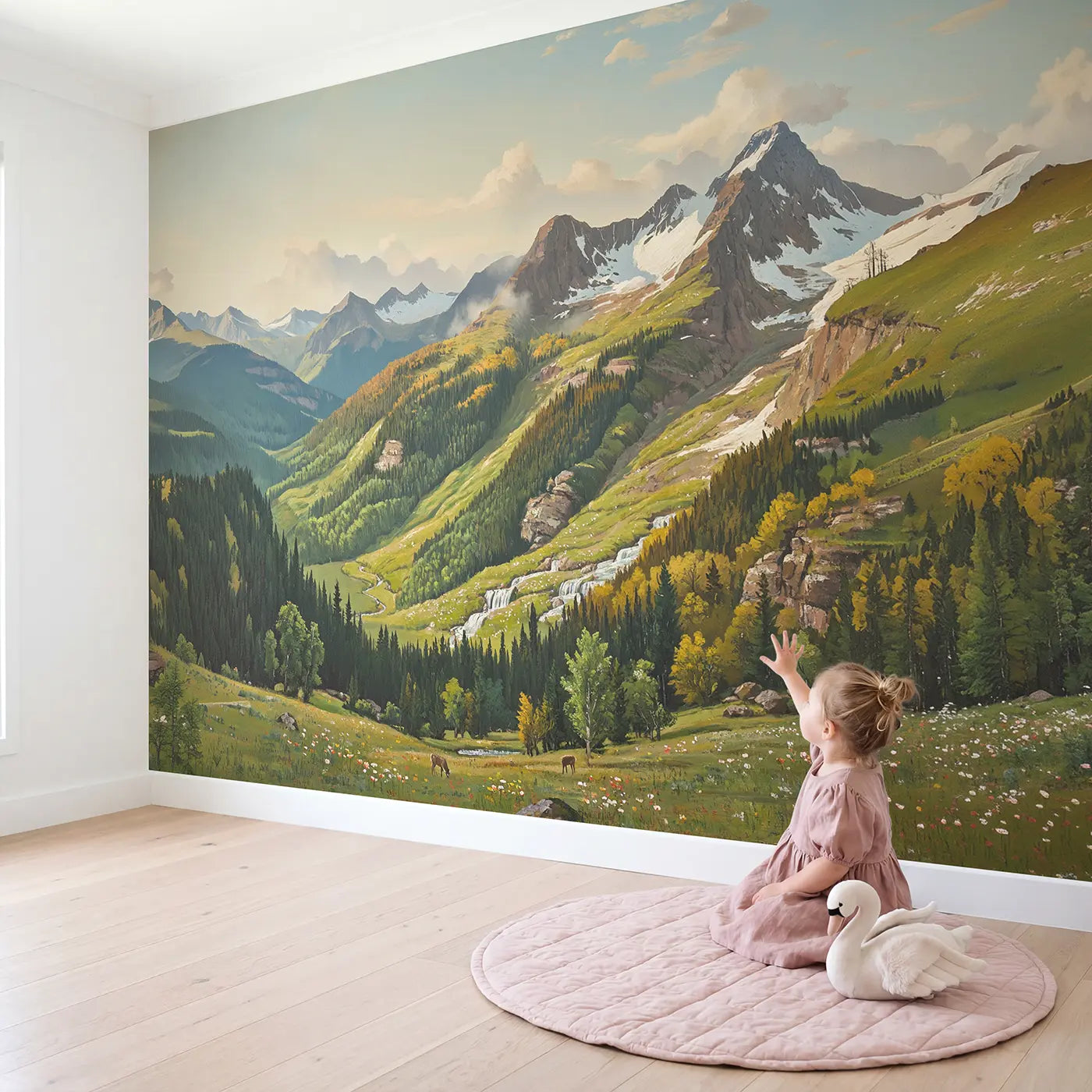 Child in nursery with Mountain Biome Zones Vista Wallpaper Mural by Whimsy Tots