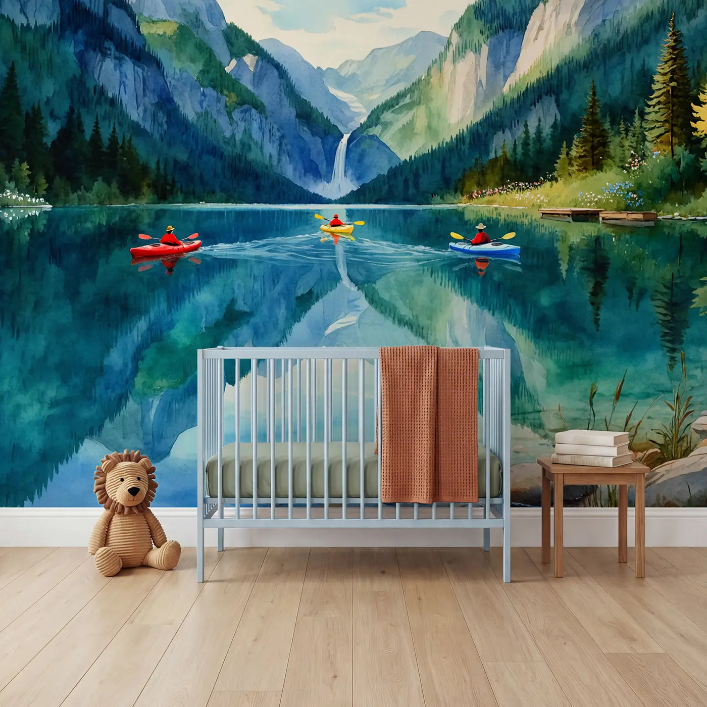 Watercolor mountain lake kayakers alpine wallpaper mural for nursery by Whimsy Tots