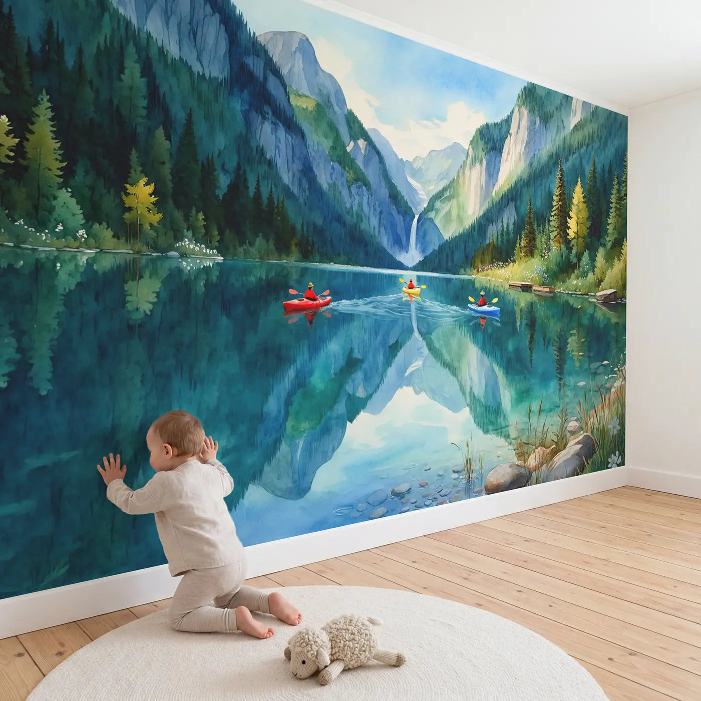 Child in nursery with Mountain Lake Kayakers Wallpaper Mural by Whimsy Tots