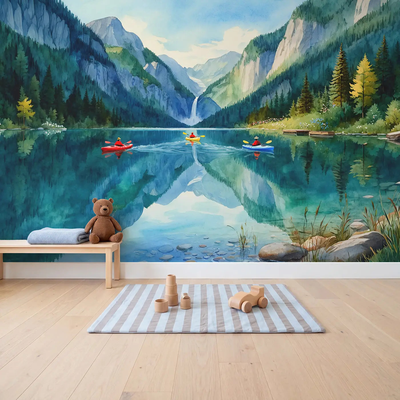 Mountain Lake Kayakers Wallpaper Mural in playroom setting by Whimsy Tots