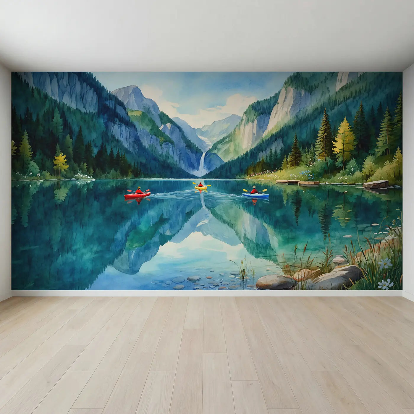 Full view of Mountain Lake Kayakers Wallpaper Mural by Whimsy Tots