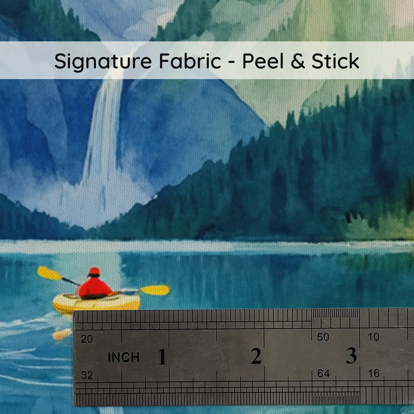 Fabric texture close-up of Mountain Lake Kayakers Wallpaper Mural by Whimsy Tots