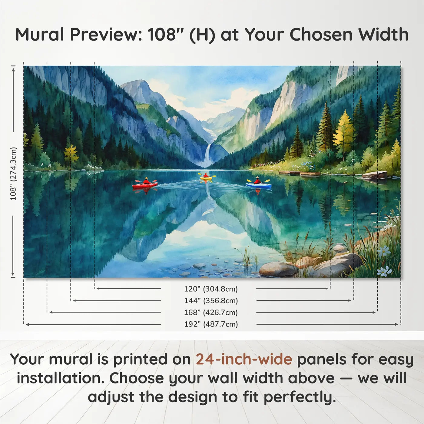 Panel layout and dimensions for Mountain Lake Kayakers Wallpaper Mural by Whimsy Tots