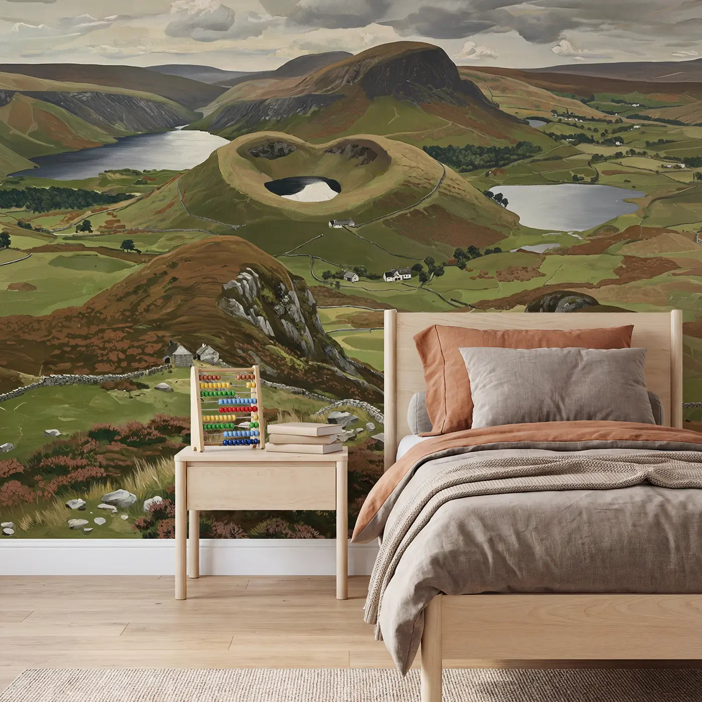 Modern illustration lake district panorama wallpaper mural for kids room by Whimsy Tots