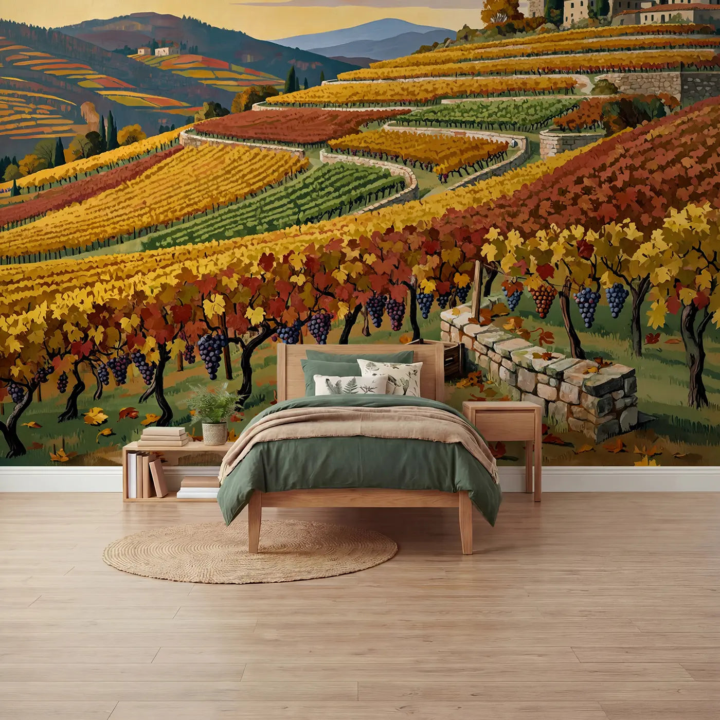 modern illustration autumn vineyard mountain mural for boys room by Whimsy Tots