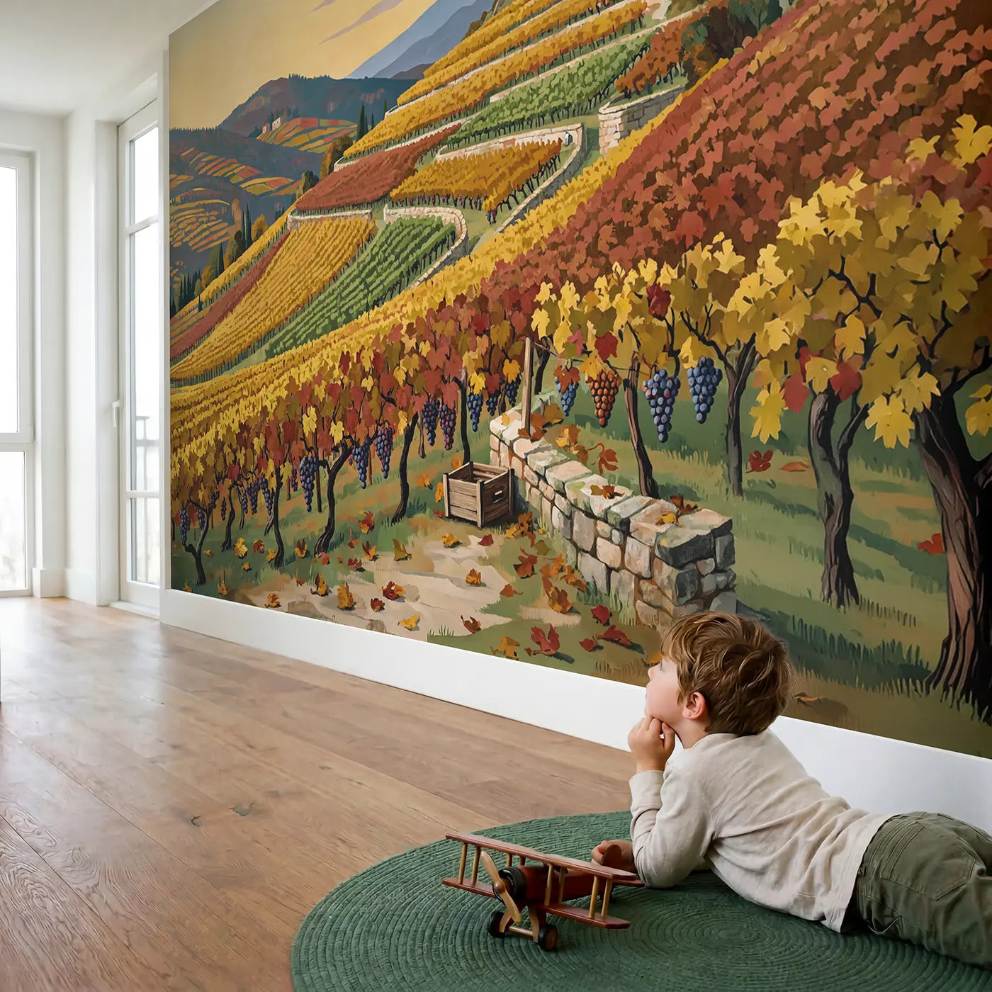 Child in nursery with Autumn Mountain Vineyard Terraces Wallpaper Mural by Whimsy Tots