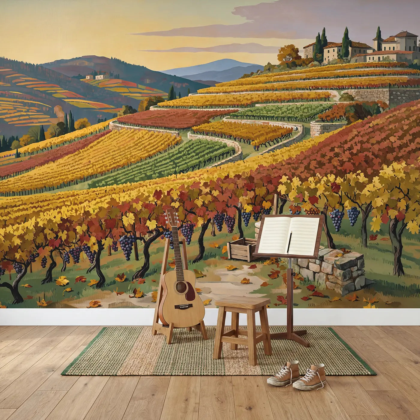Autumn Mountain Vineyard Terraces Wallpaper Mural in playroom setting by Whimsy Tots