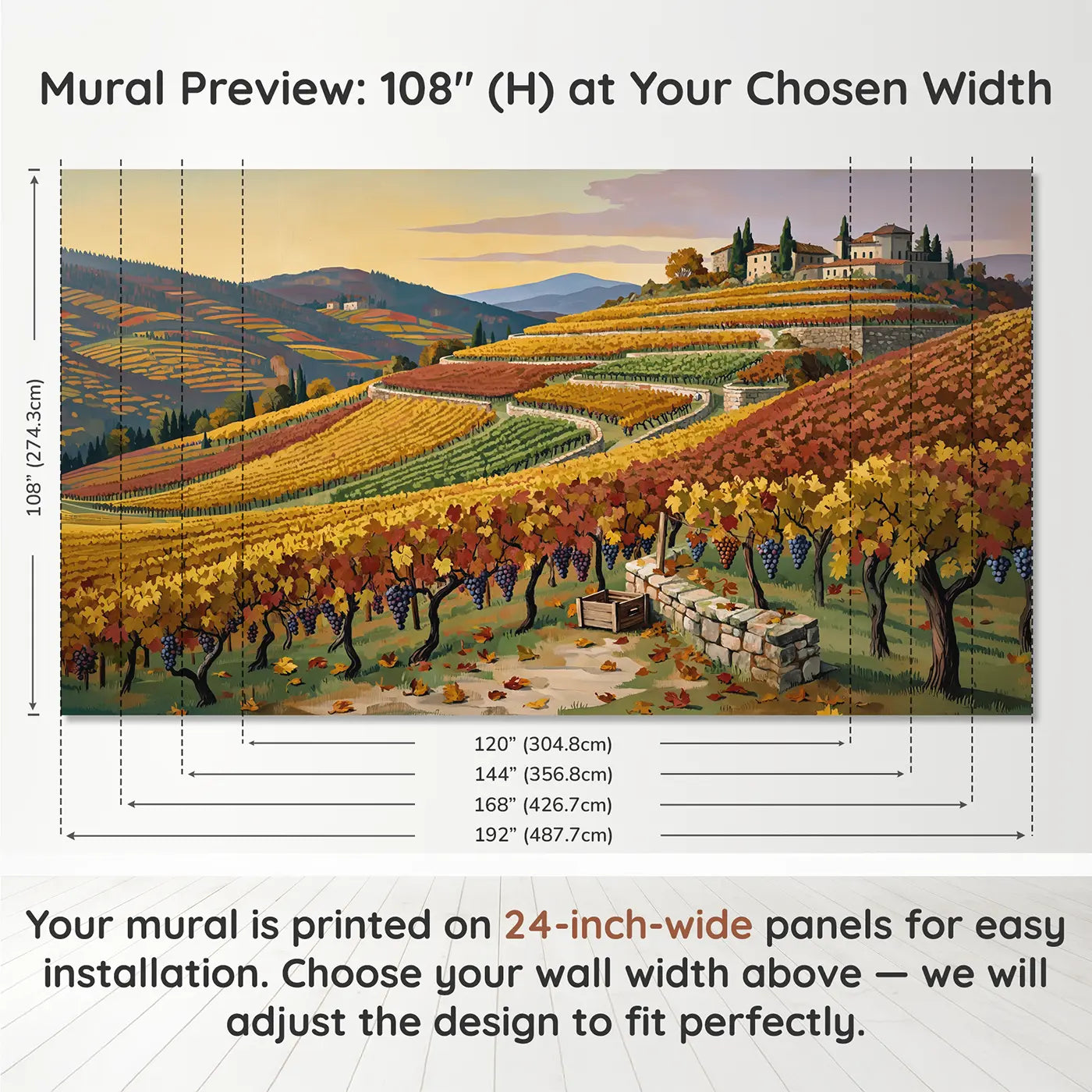 Panel layout and dimensions for Autumn Mountain Vineyard Terraces Wallpaper Mural by Whimsy Tots
