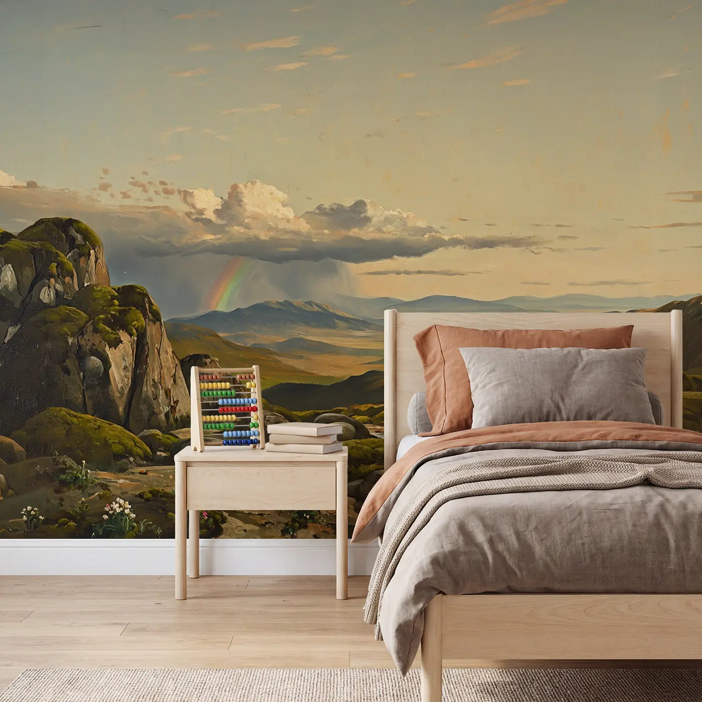 painted mountain storm clearing wallpaper mural for kids room by Whimsy Tots