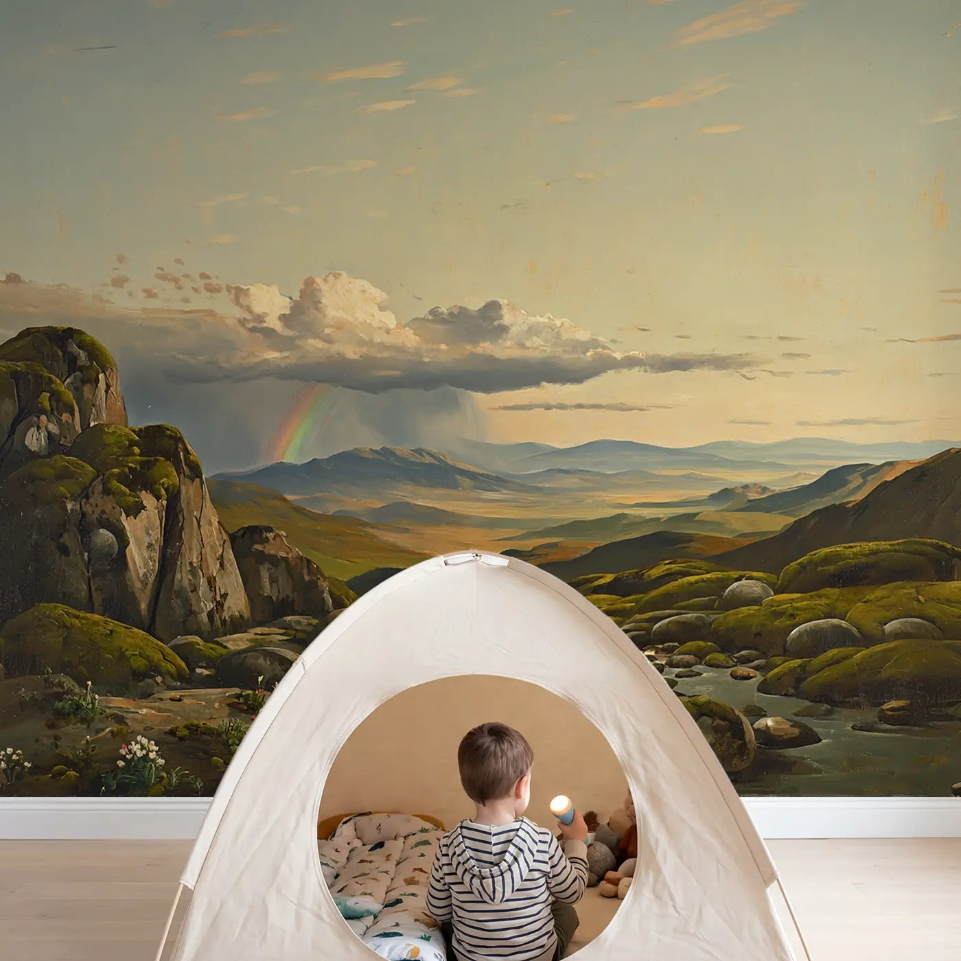 Child in nursery with Storm Clearing Mountain Range Wallpaper Mural by Whimsy Tots