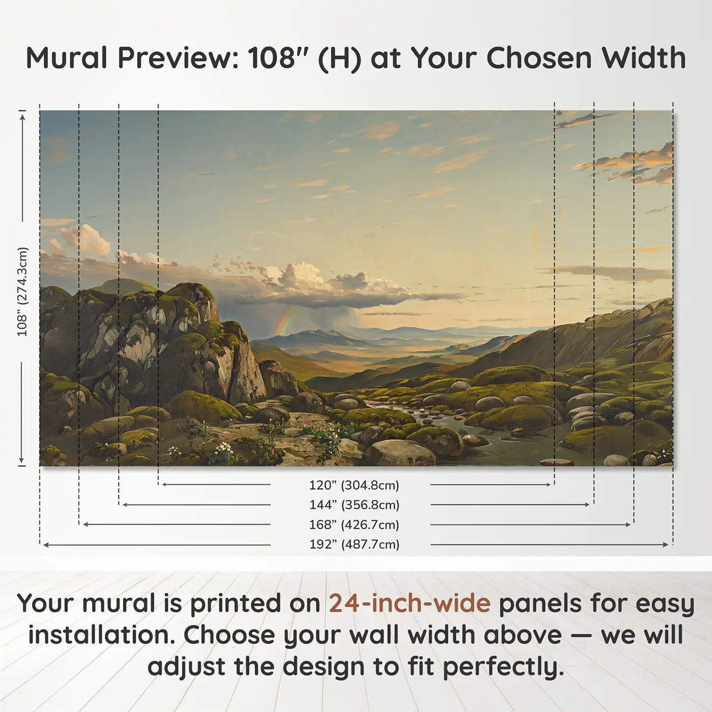 Panel layout and dimensions for Storm Clearing Mountain Range Wallpaper Mural by Whimsy Tots