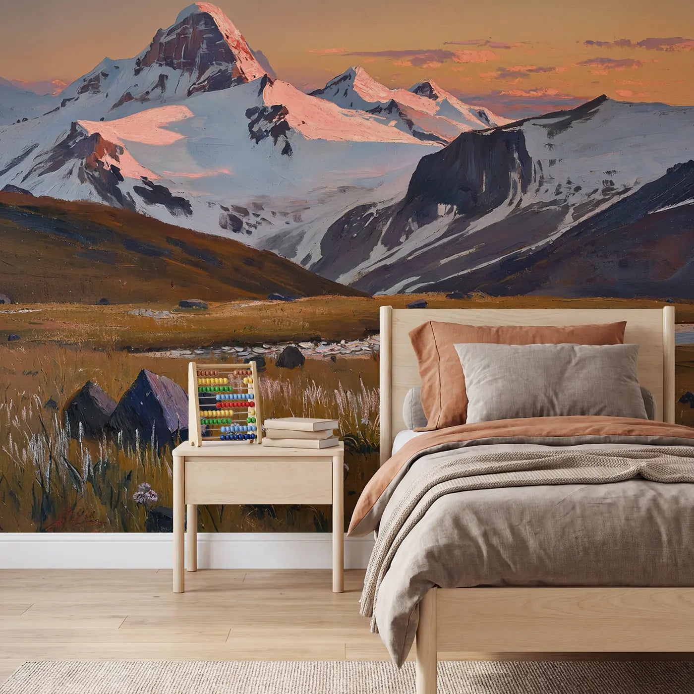 painted landscape alpenglow mountain peaks rose gold wallpaper mural for kids room by Whimsy Tots