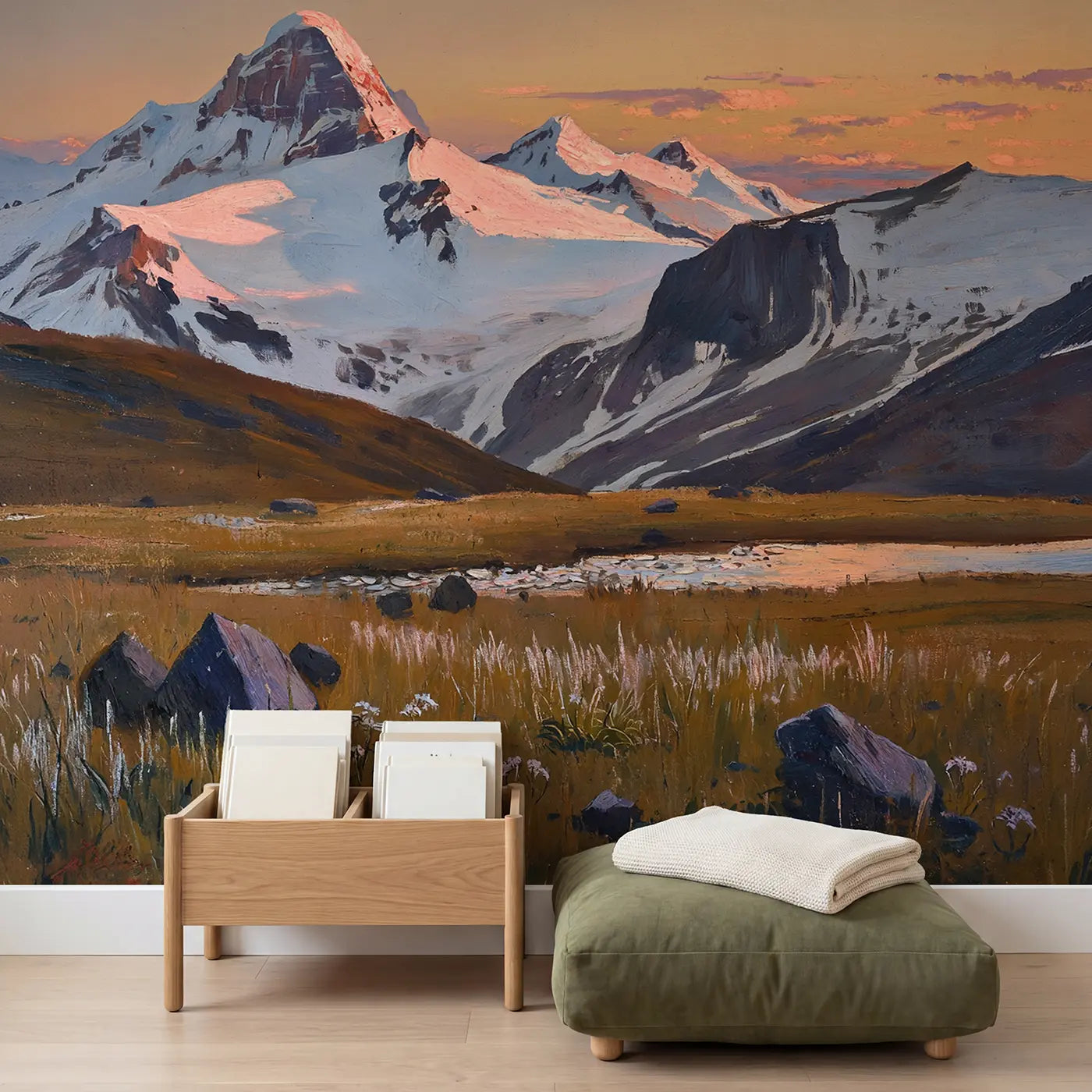 Alpenglow Rose Gold Peaks Wallpaper Mural in playroom setting by Whimsy Tots