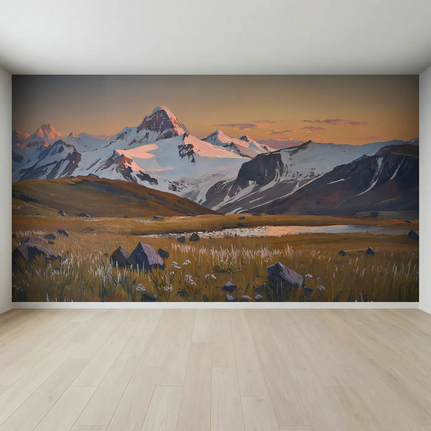 Full view of Alpenglow Rose Gold Peaks Wallpaper Mural by Whimsy Tots