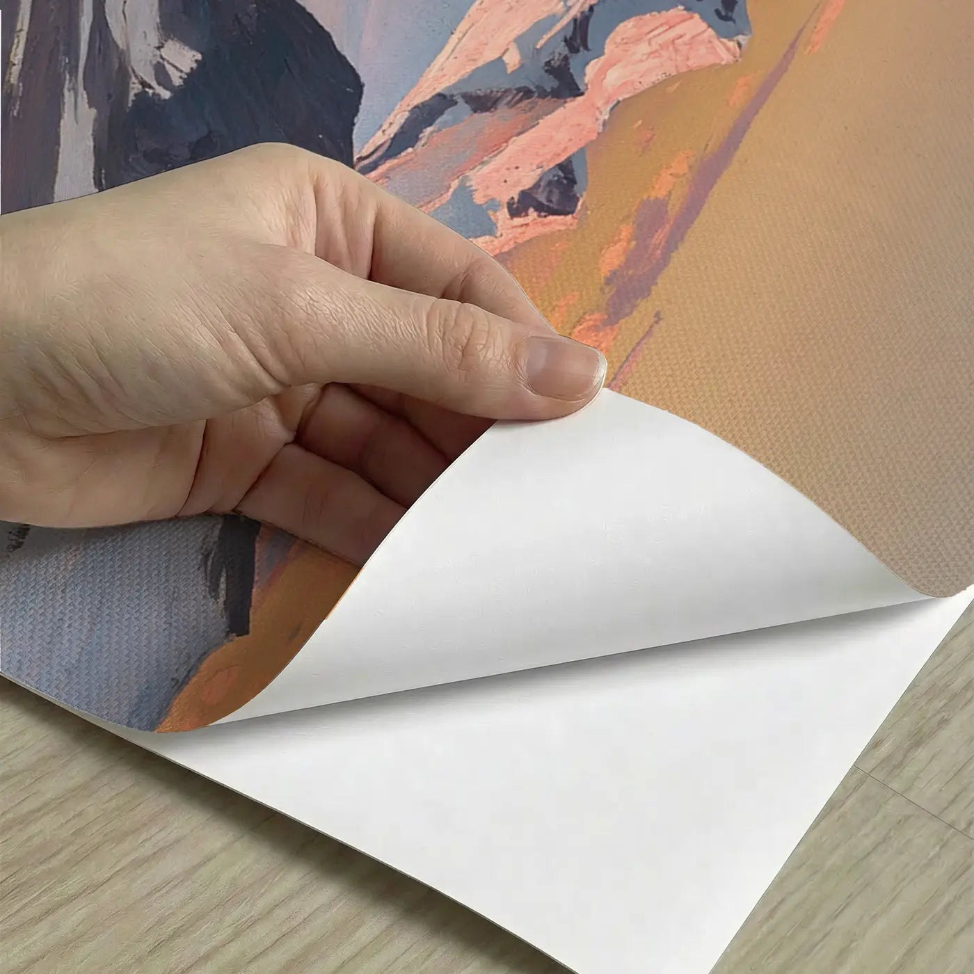 Peel-and-stick detail of Alpenglow Rose Gold Peaks Wallpaper Mural by Whimsy Tots