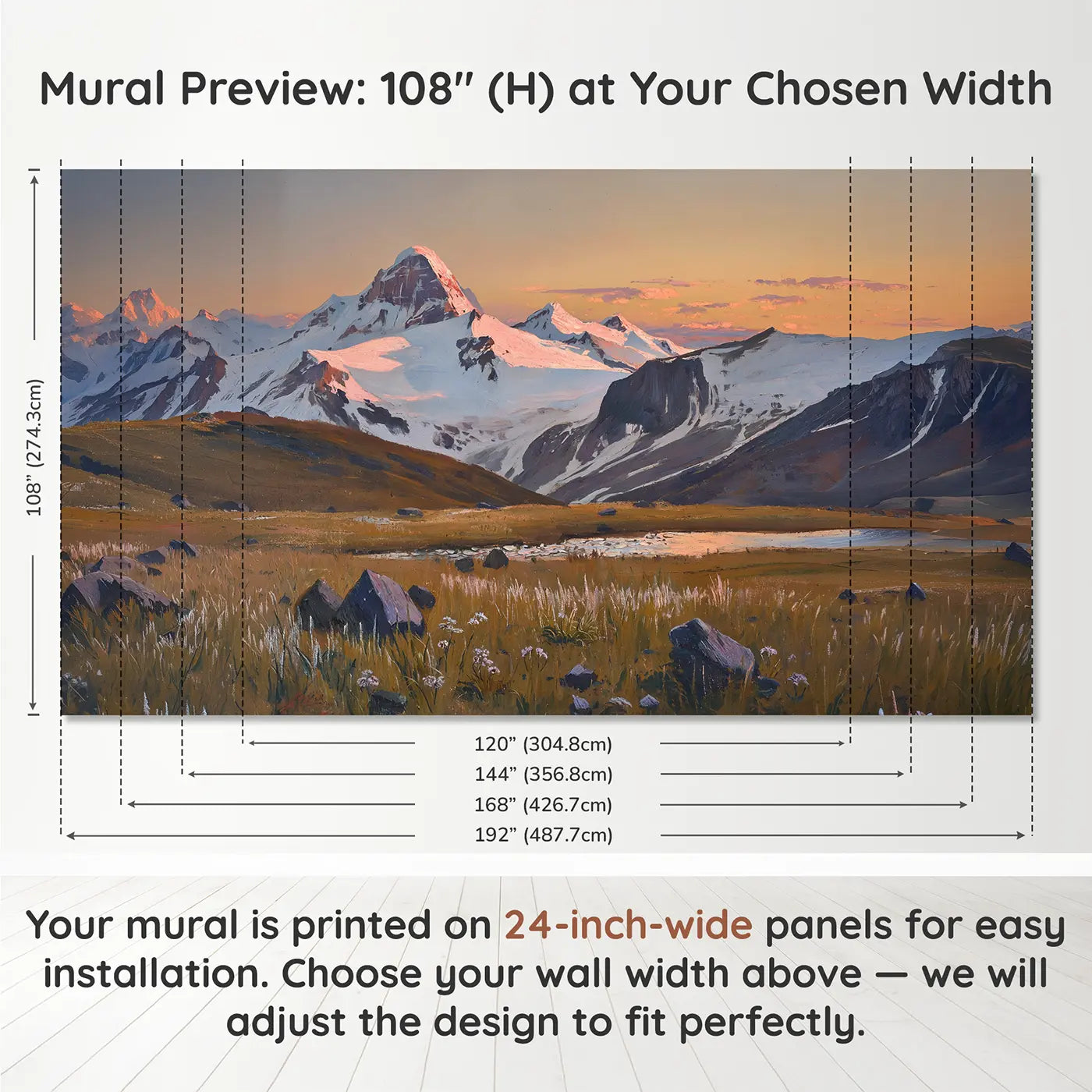 Panel layout and dimensions for Alpenglow Rose Gold Peaks Wallpaper Mural by Whimsy Tots