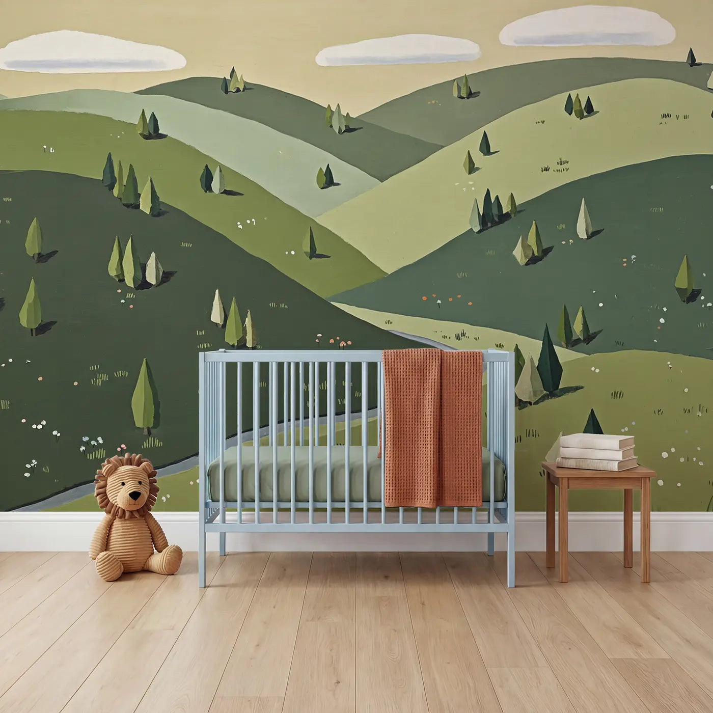 Modern illustration mountain and hill mountain wallpaper mural for kids room by Whimsy Tots