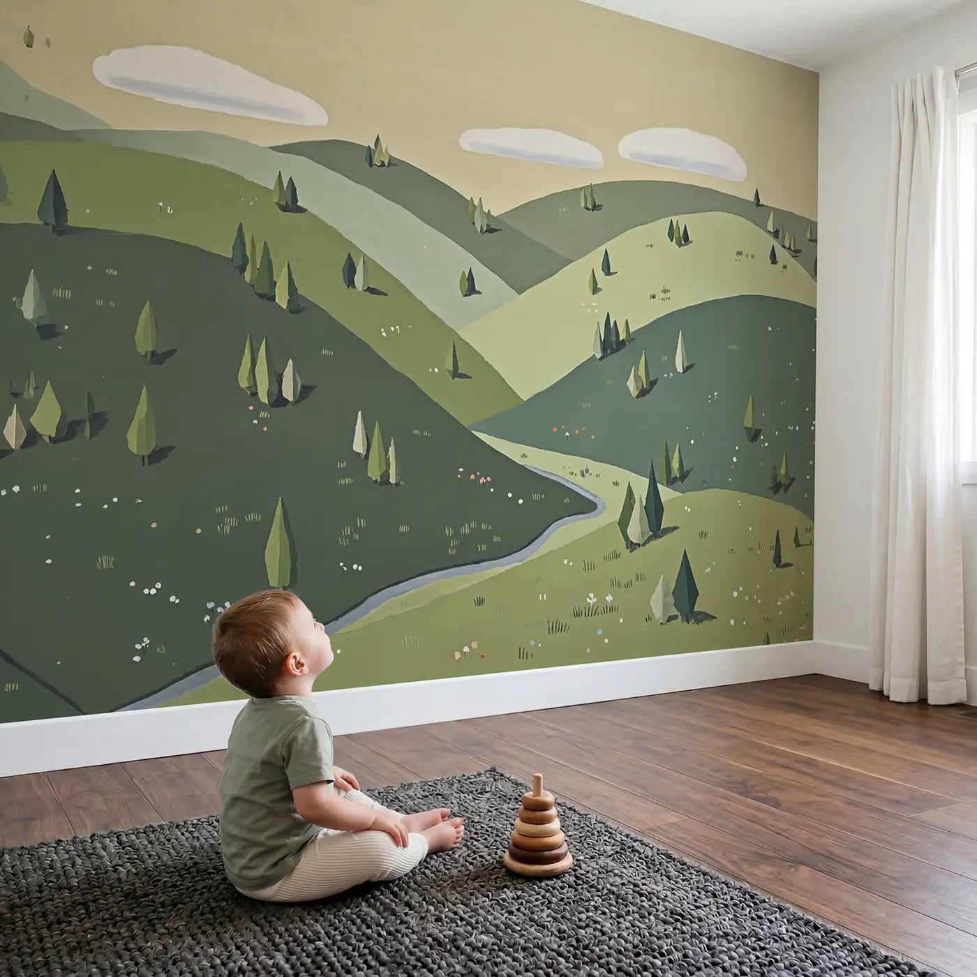 Child in nursery with Sage Mountain Morning Wallpaper Mural by Whimsy Tots