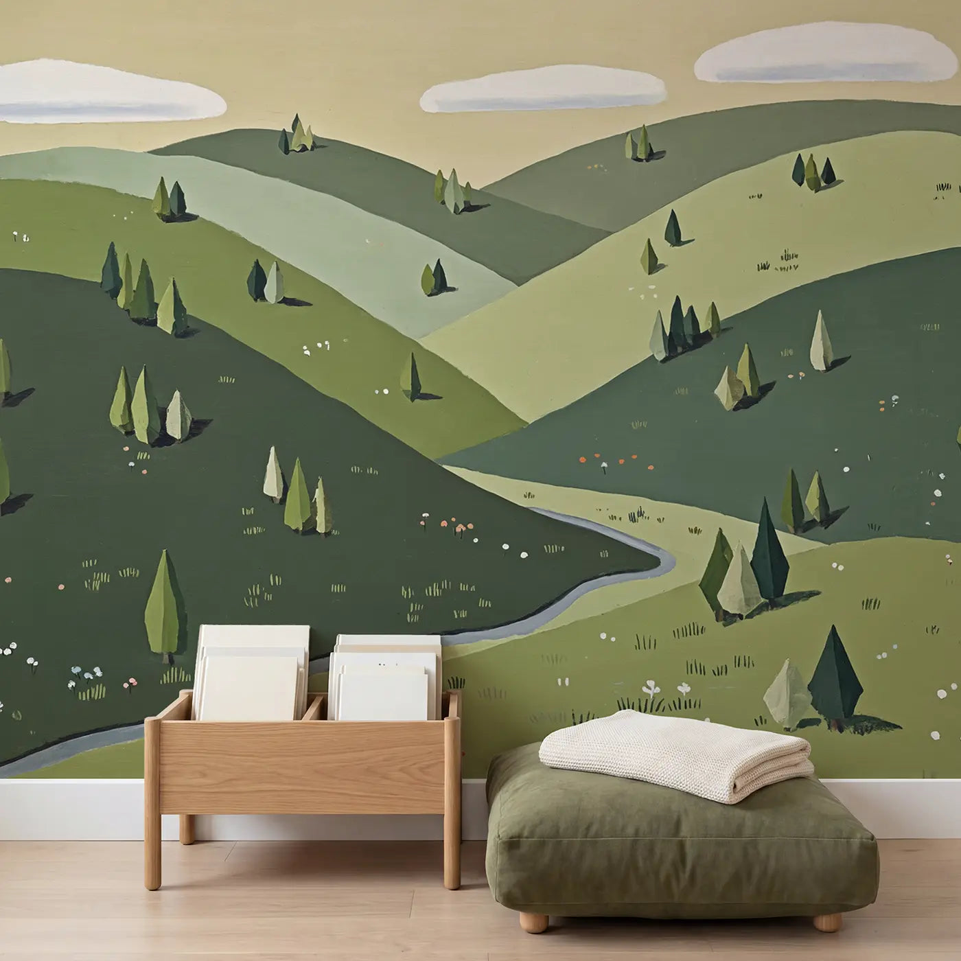 Sage Mountain Morning Wallpaper Mural in playroom setting by Whimsy Tots