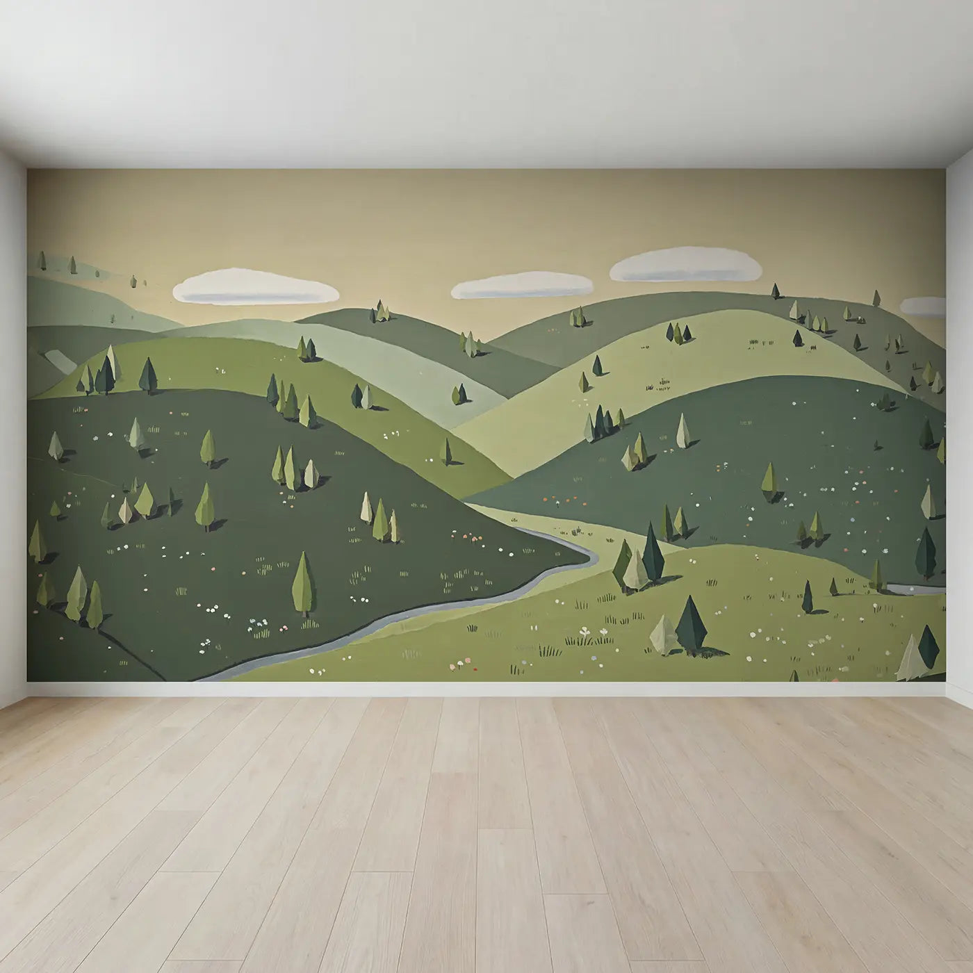 Full view of Sage Mountain Morning Wallpaper Mural by Whimsy Tots