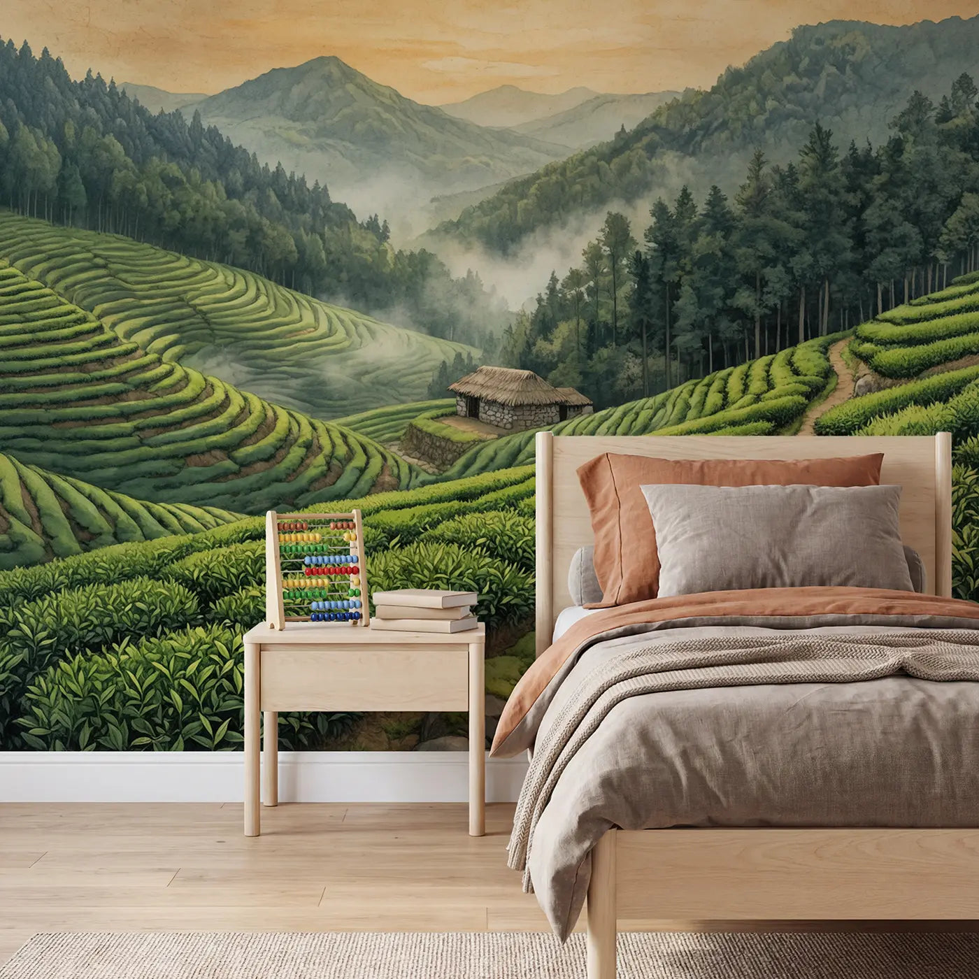Storybook mountain tea terrace sunset wallpaper mural for kids room by Whimsy Tots