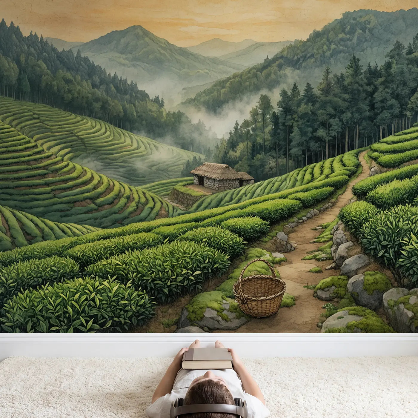 Child in nursery with Mountain Tea Terrace Wallpaper Mural by Whimsy Tots