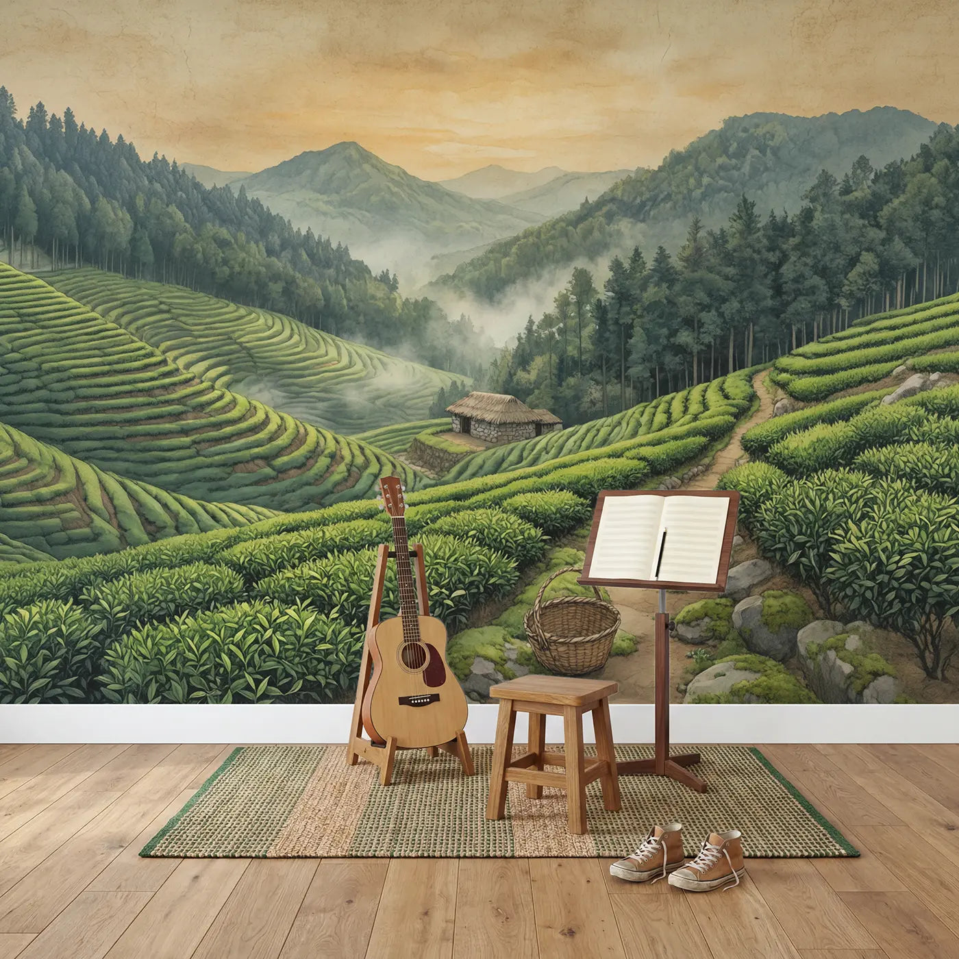 Mountain Tea Terrace Wallpaper Mural in playroom setting by Whimsy Tots