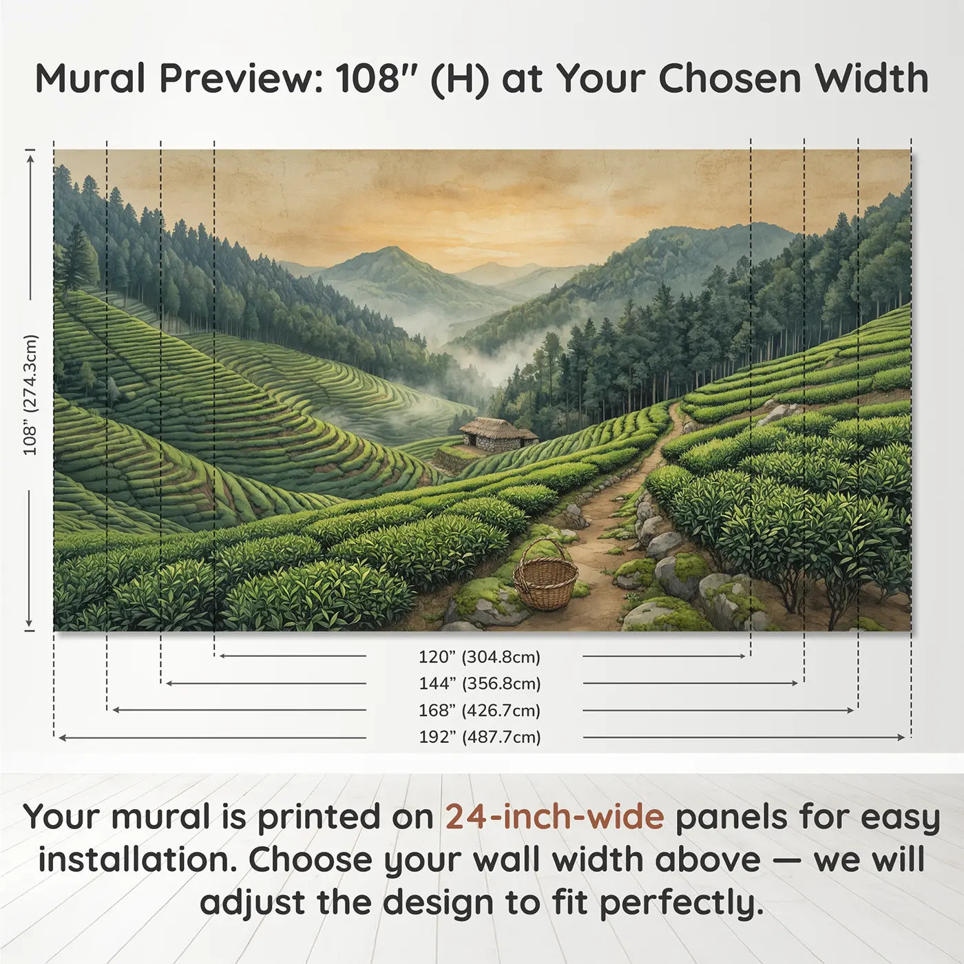 Panel layout and dimensions for Mountain Tea Terrace Wallpaper Mural by Whimsy Tots