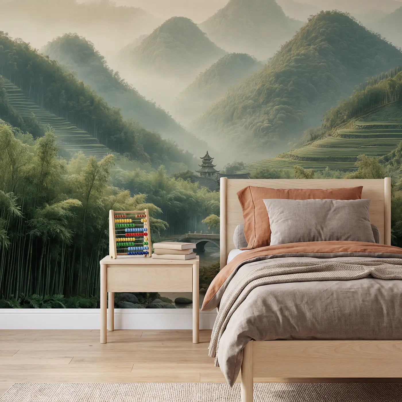 Soft pastel bamboo mountain valley wallpaper mural for kids room by Whimsy Tots