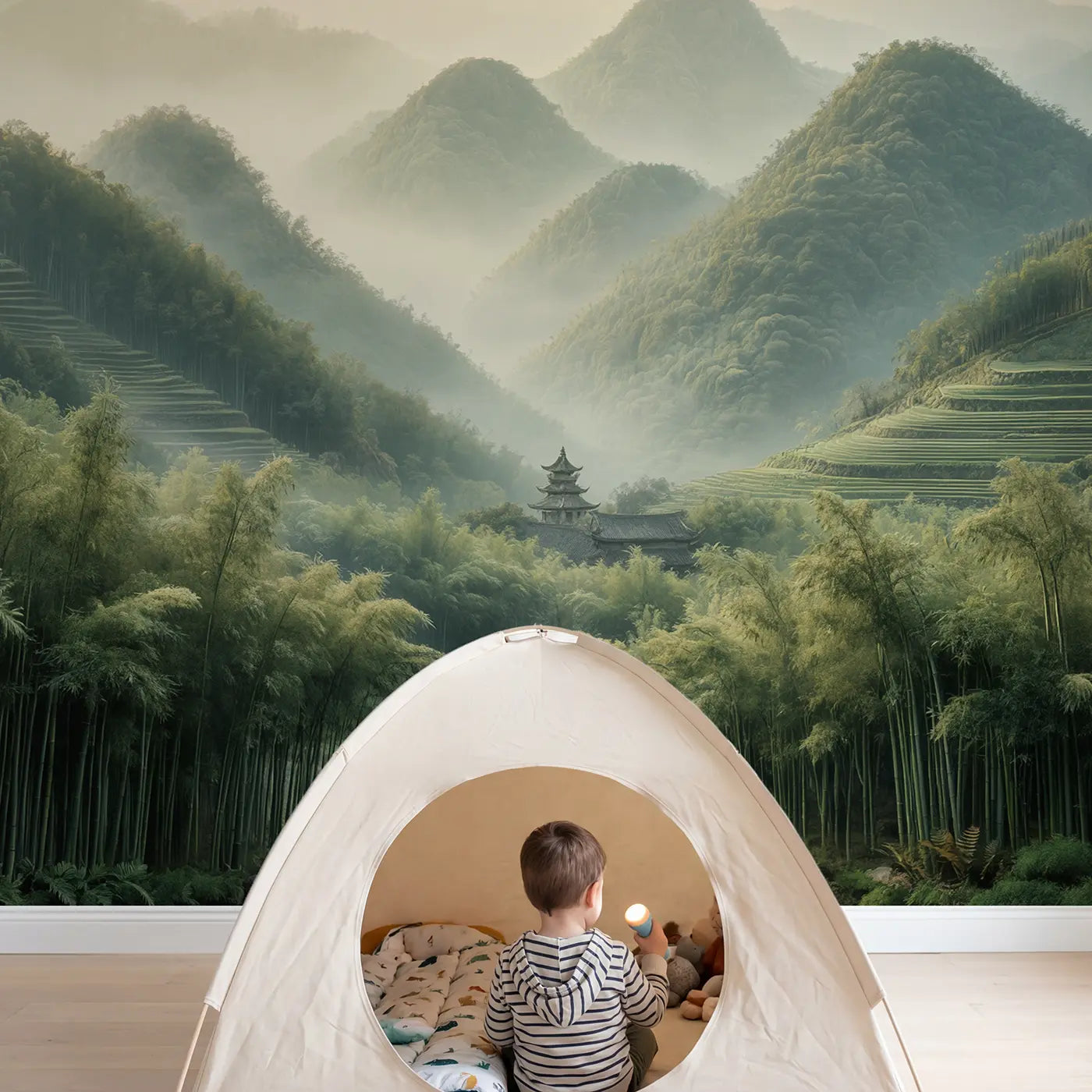 Child in nursery with Misty Bamboo Mountain Wallpaper Mural by Whimsy Tots