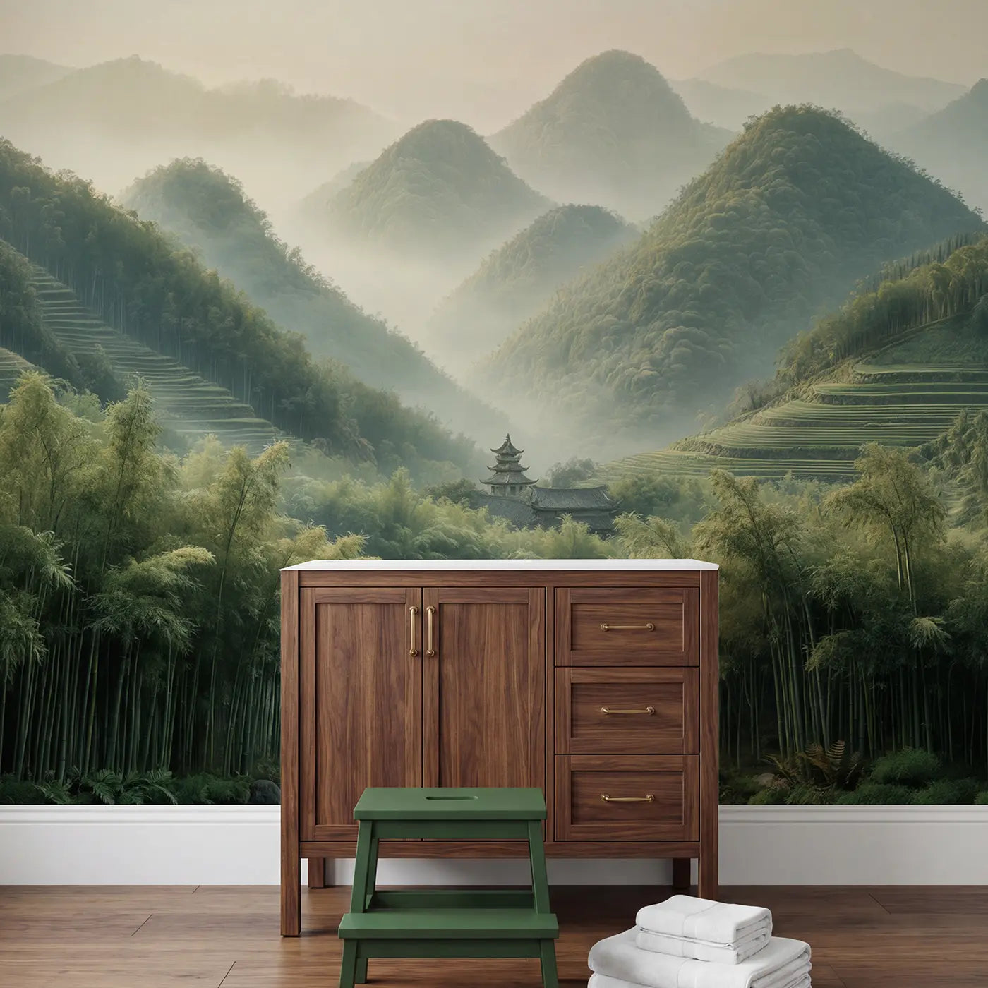 Misty Bamboo Mountain Wallpaper Mural in playroom setting by Whimsy Tots