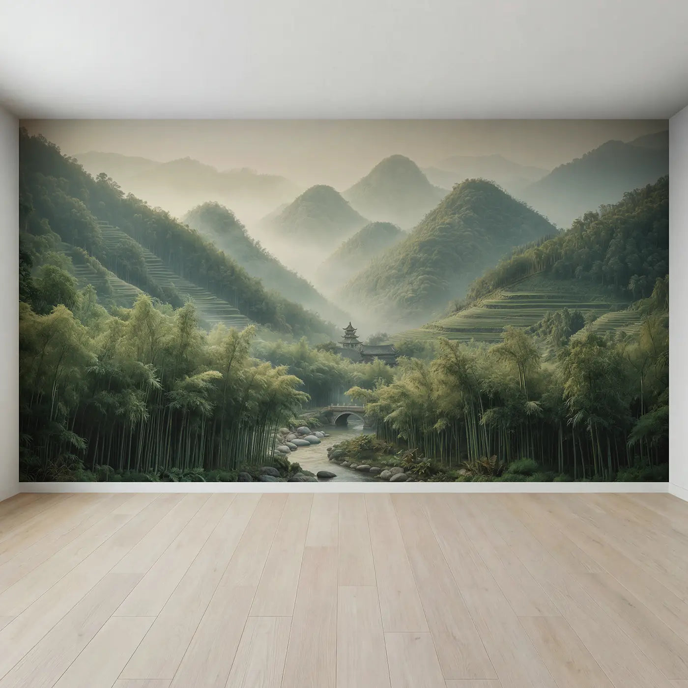 Full view of Misty Bamboo Mountain Wallpaper Mural by Whimsy Tots