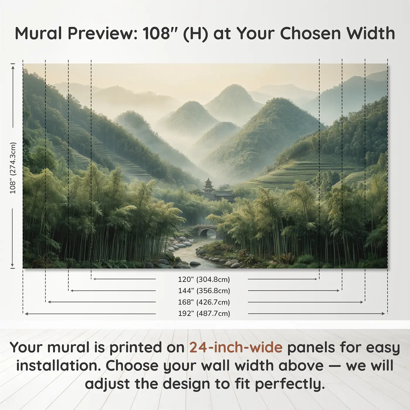 Panel layout and dimensions for Misty Bamboo Mountain Wallpaper Mural by Whimsy Tots