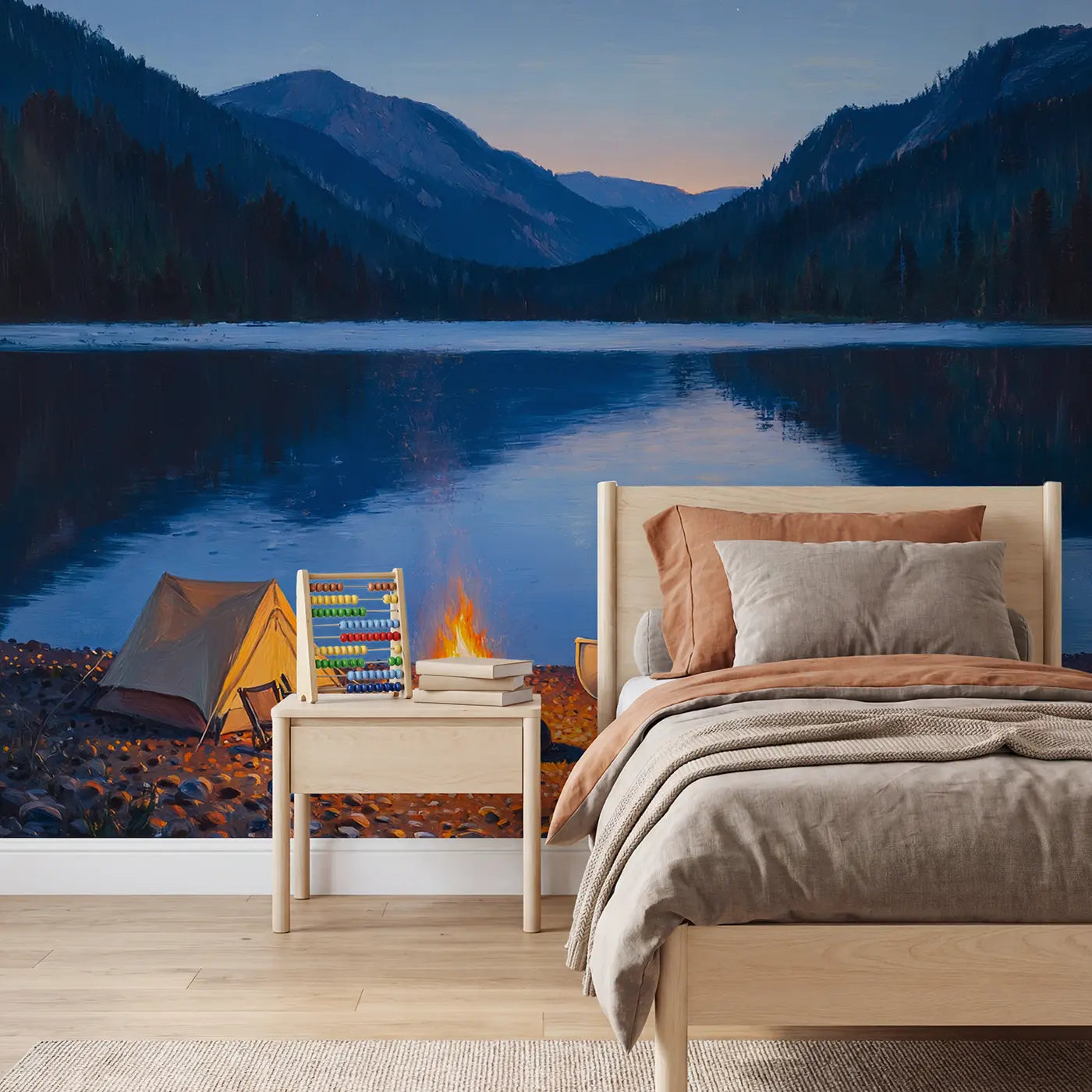 painted lakeside mountain camp campfire wallpaper mural for kids room by Whimsy Tots