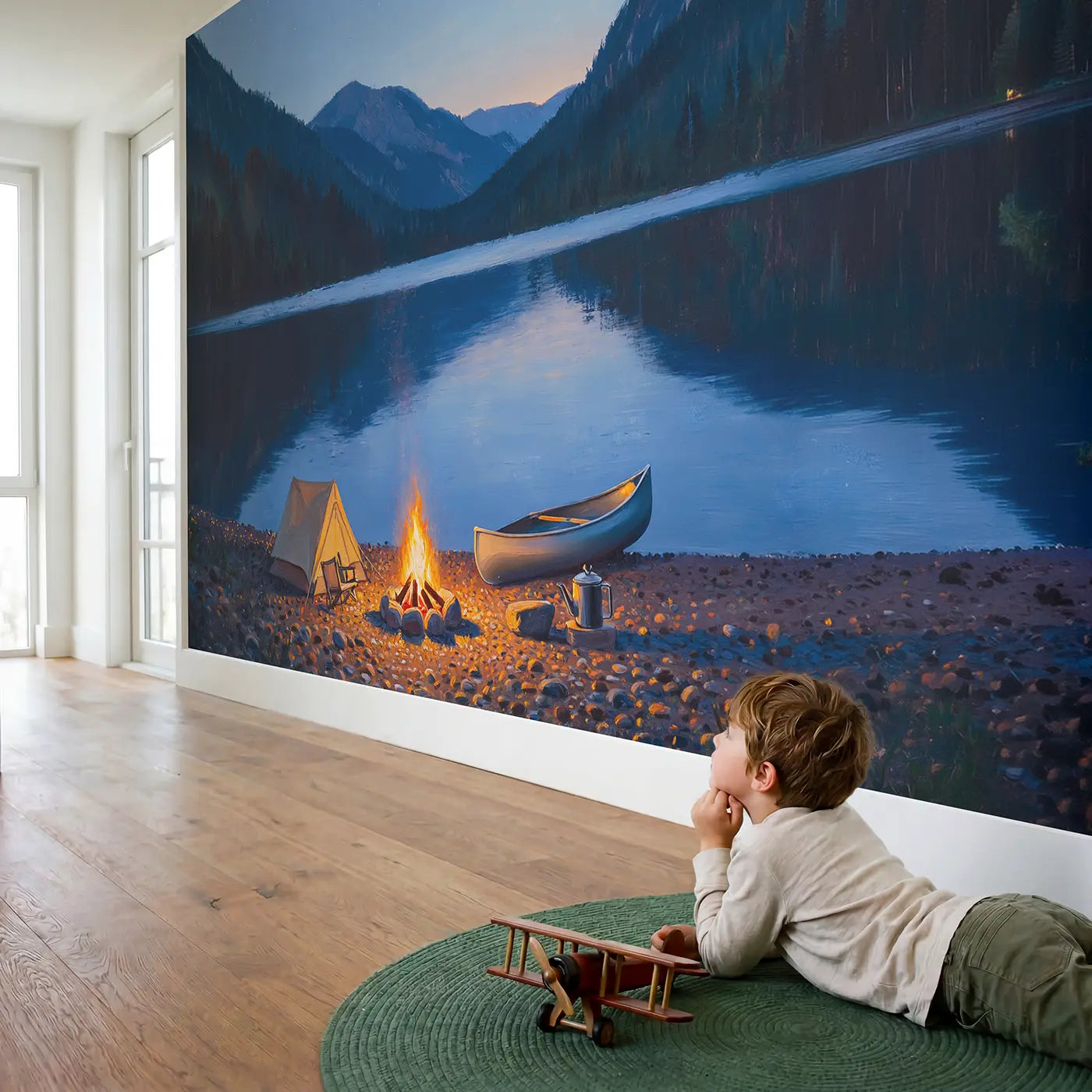 Child in nursery with Lakeside Mountain Camp Wallpaper Mural by Whimsy Tots