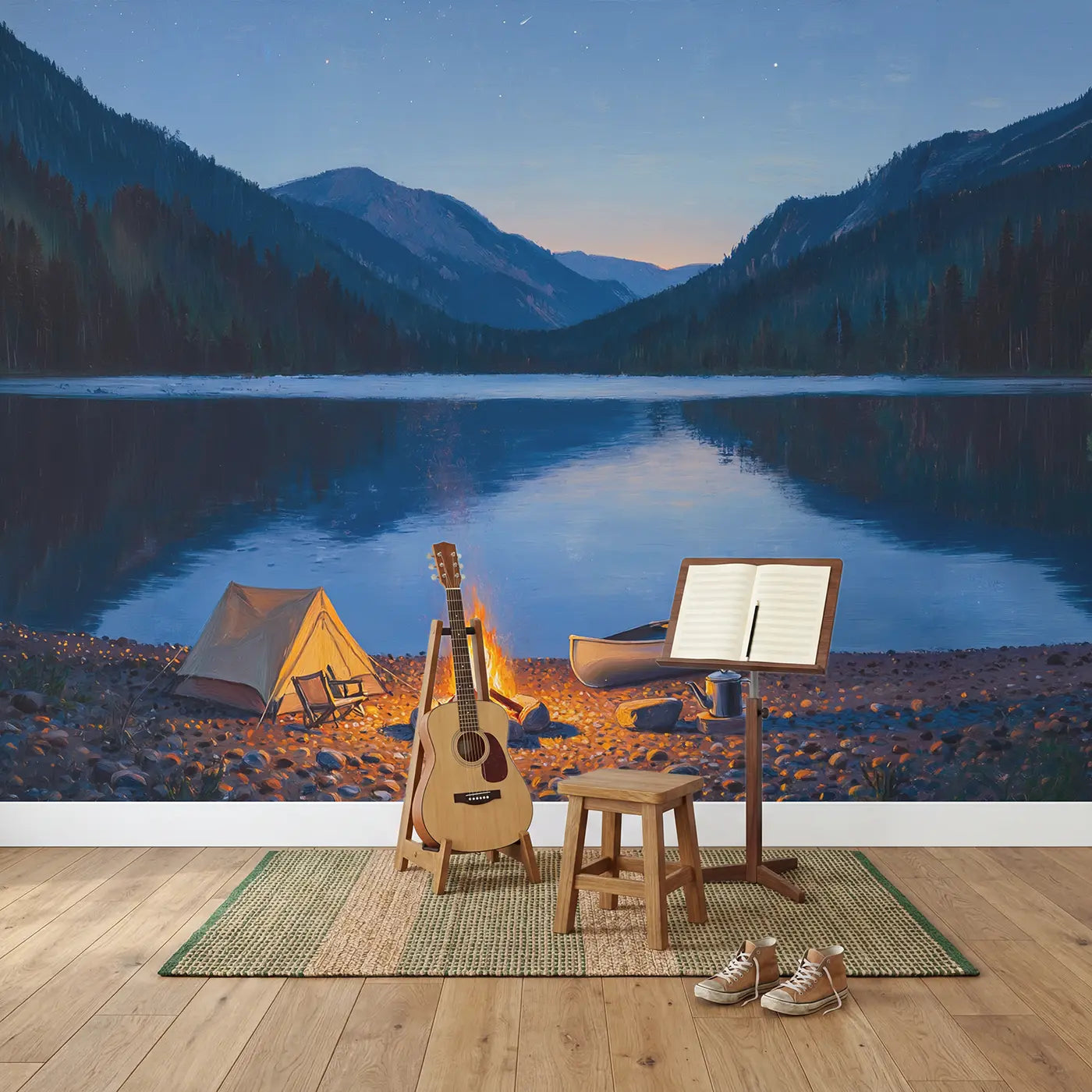 Lakeside Mountain Camp Wallpaper Mural in playroom setting by Whimsy Tots