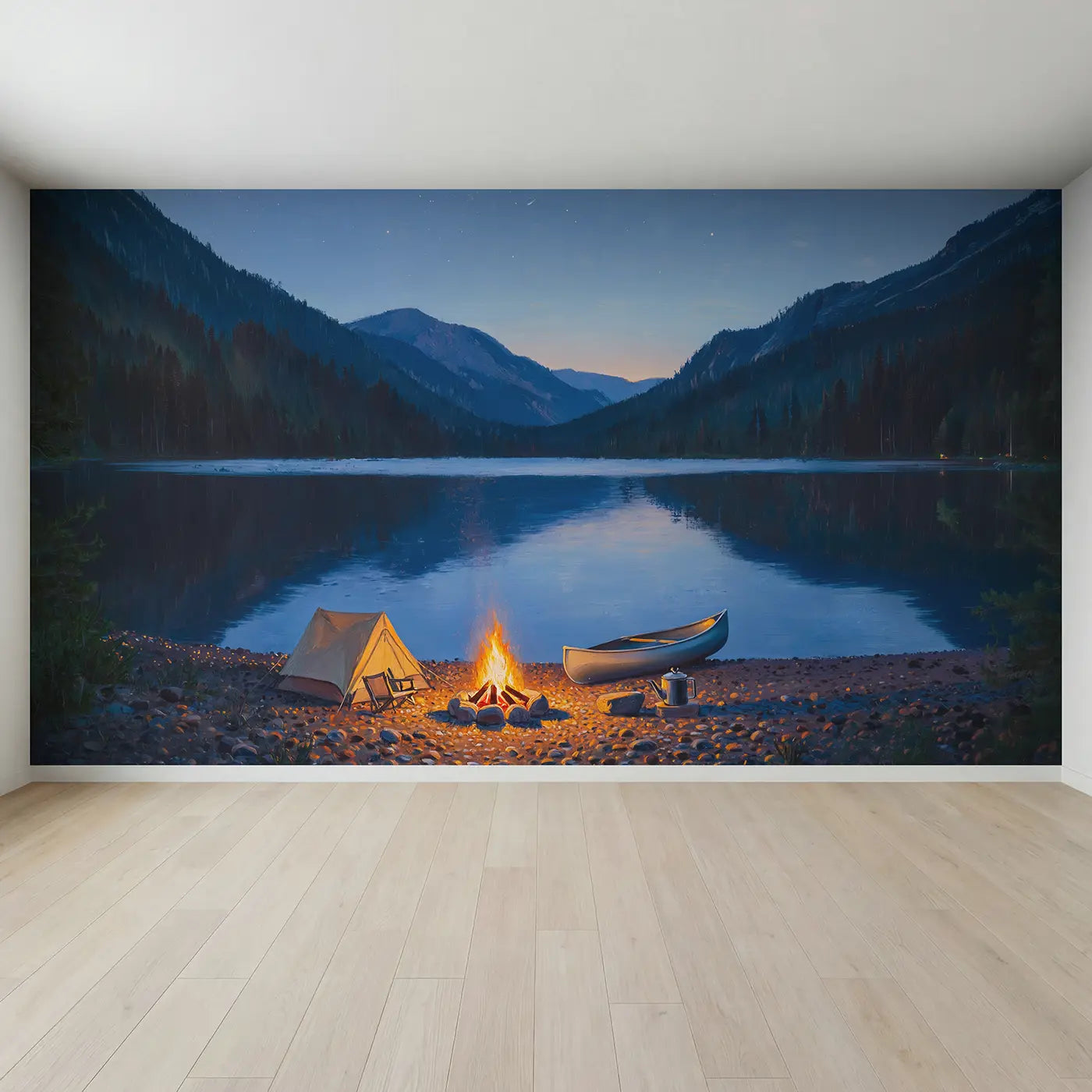 Full view of Lakeside Mountain Camp Wallpaper Mural by Whimsy Tots