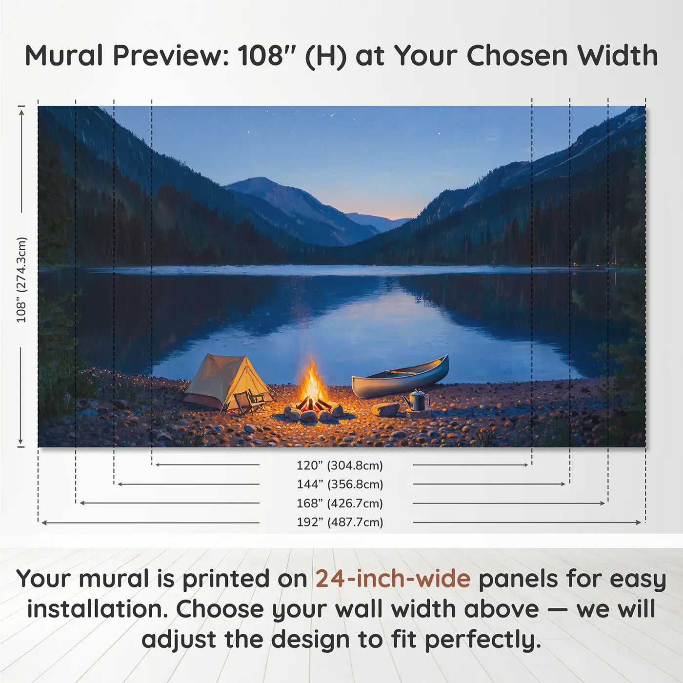 Panel layout and dimensions for Lakeside Mountain Camp Wallpaper Mural by Whimsy Tots